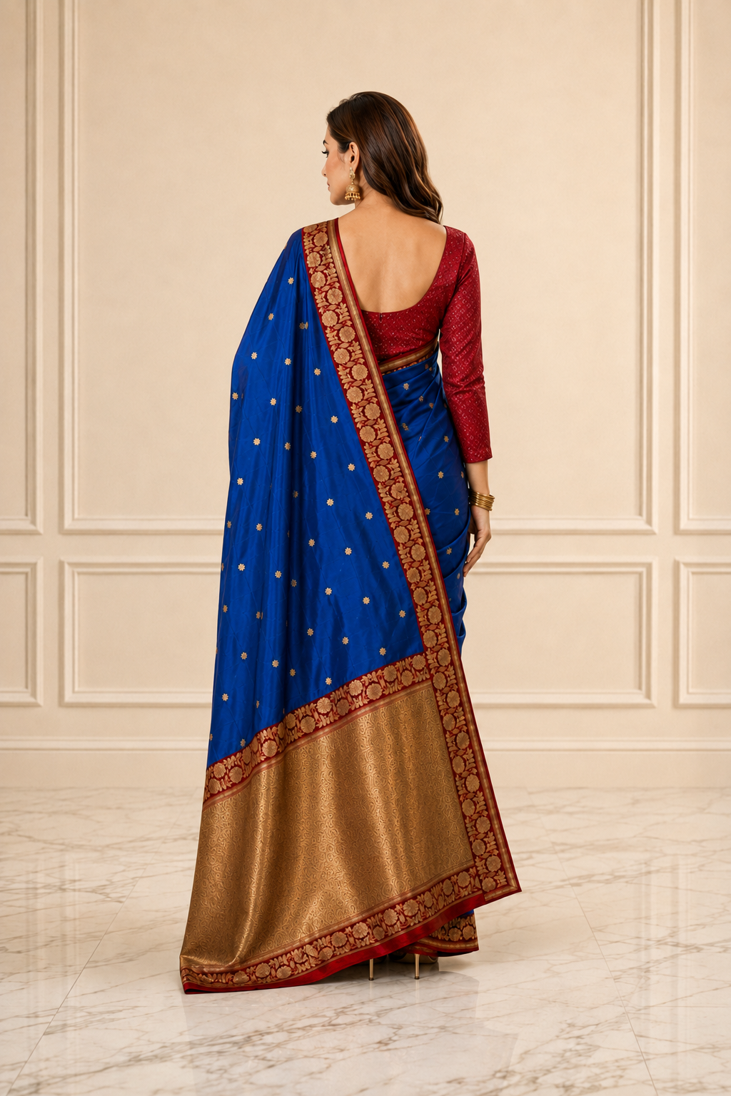 Magnetic Blue contrast with Red  - Pure Raw Mango Banarasi Saree