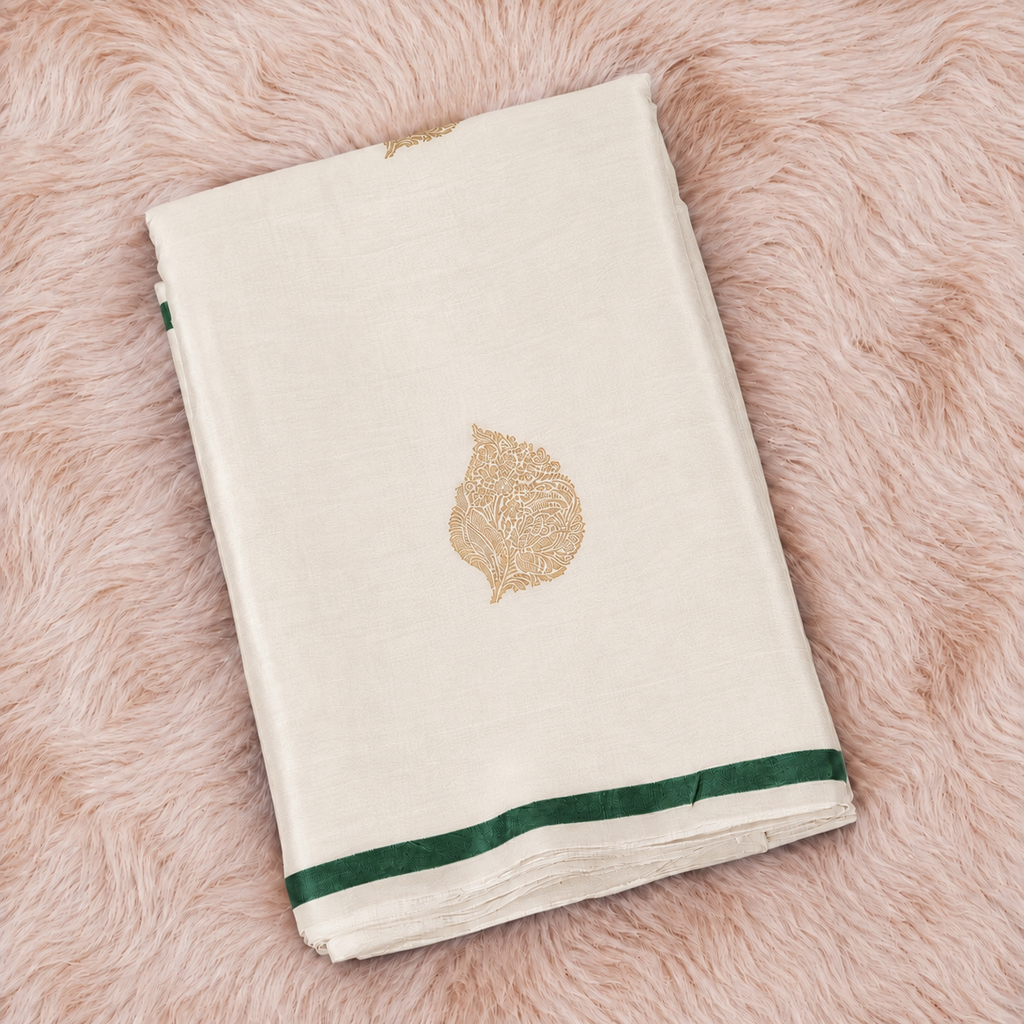 Off white with beautiful Deep Green motifs - Pure Soft Mashru Silk Banarasi Saree