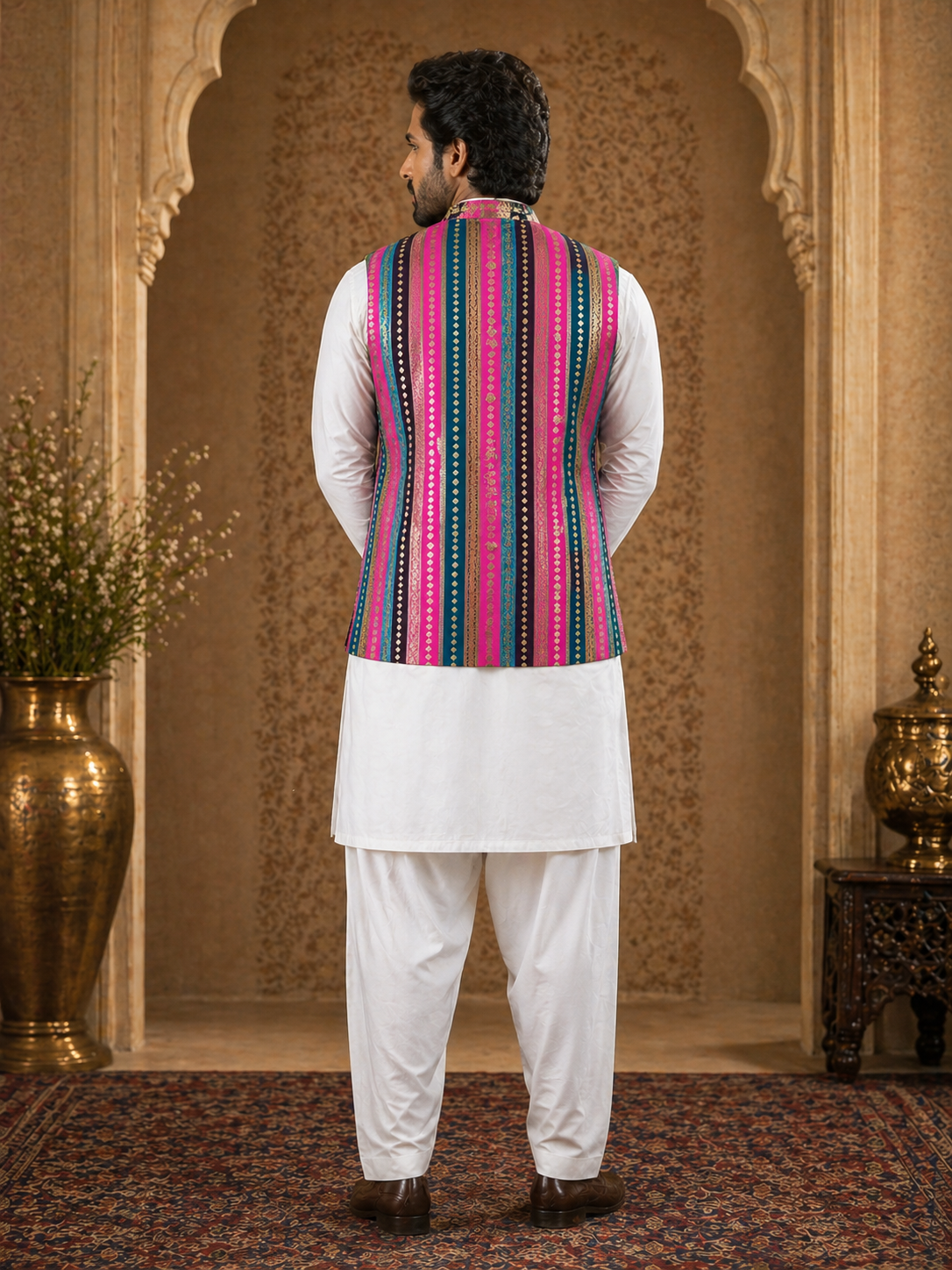 Multicolor Striped - Men's Silk Blend Sleeveless Striped Design Nehru Jacket