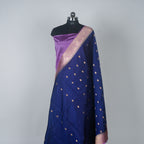 Navy Blue Contrast with lavender border - Pure Banarasi silk Saree with small golden booti