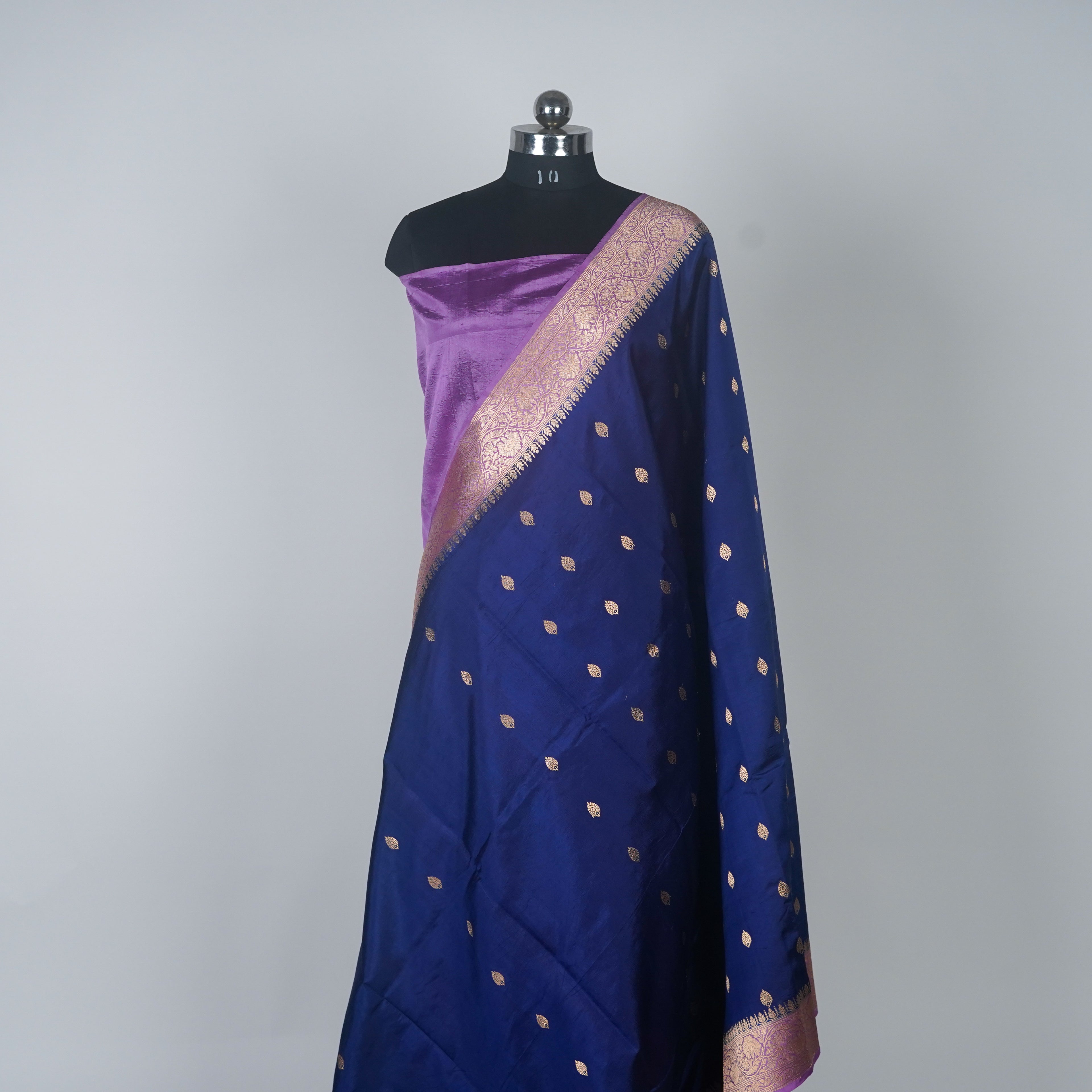 Navy Blue Contrast with lavender border - Pure Banarasi silk Saree with small golden booti