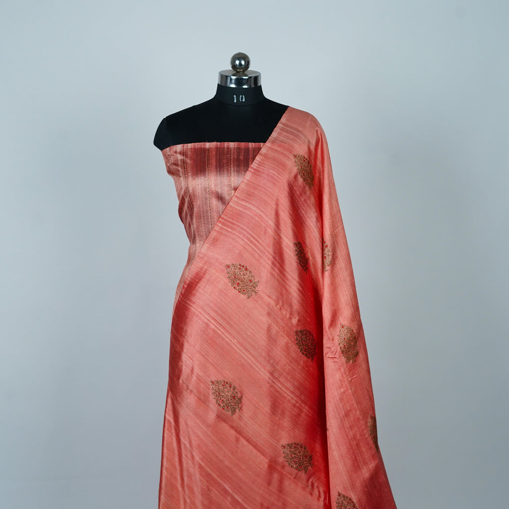 Peach  - Pure Matka Silk Banarasi Saree with neem zari Boota intricated with red and pink meena