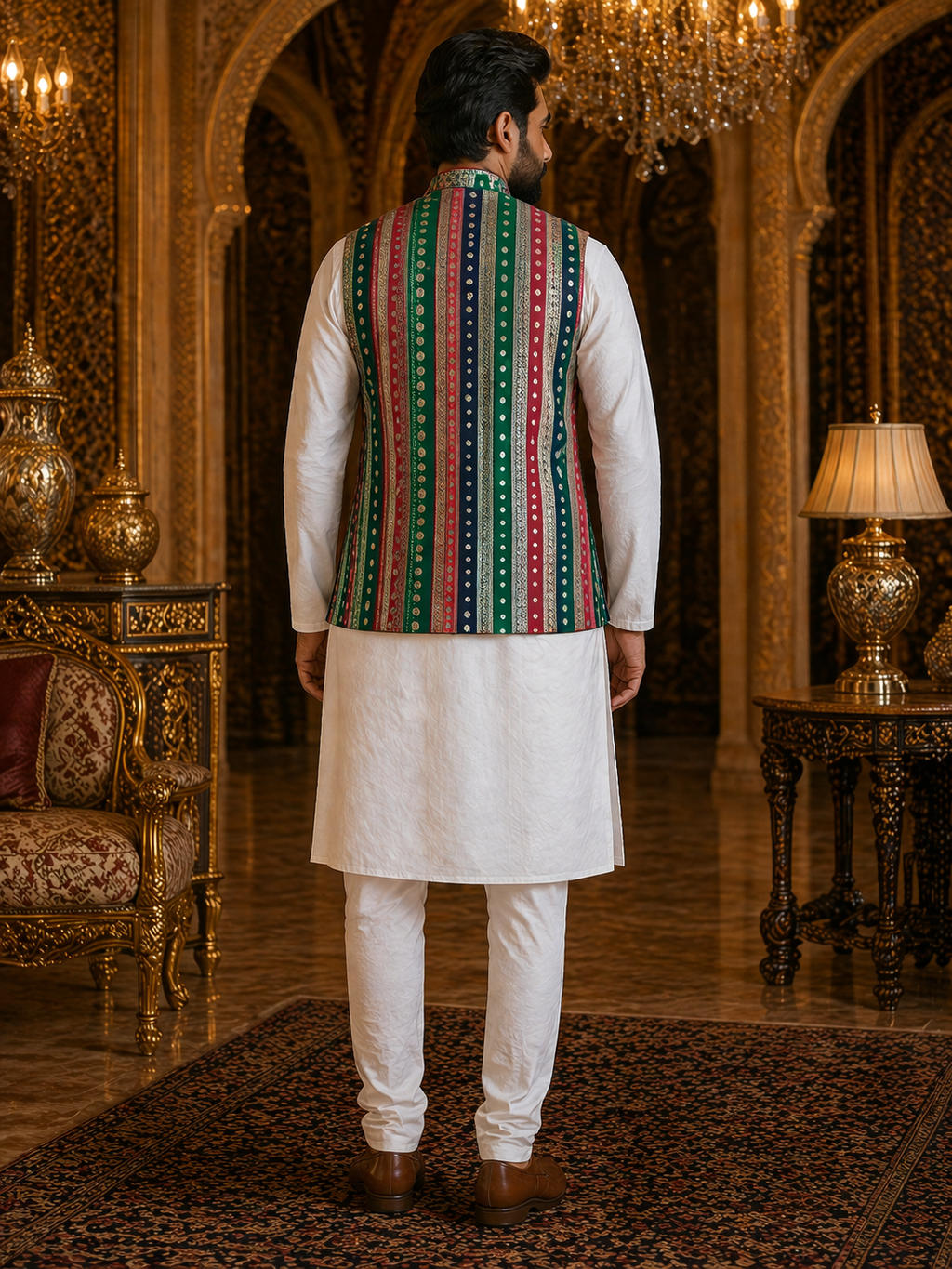 Multicolor Striped - Men's Silk Blend Sleeveless Striped Design Nehru Jacket