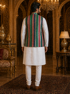 Multicolor Striped - Men's Silk Blend Sleeveless Striped Design Nehru Jacket
