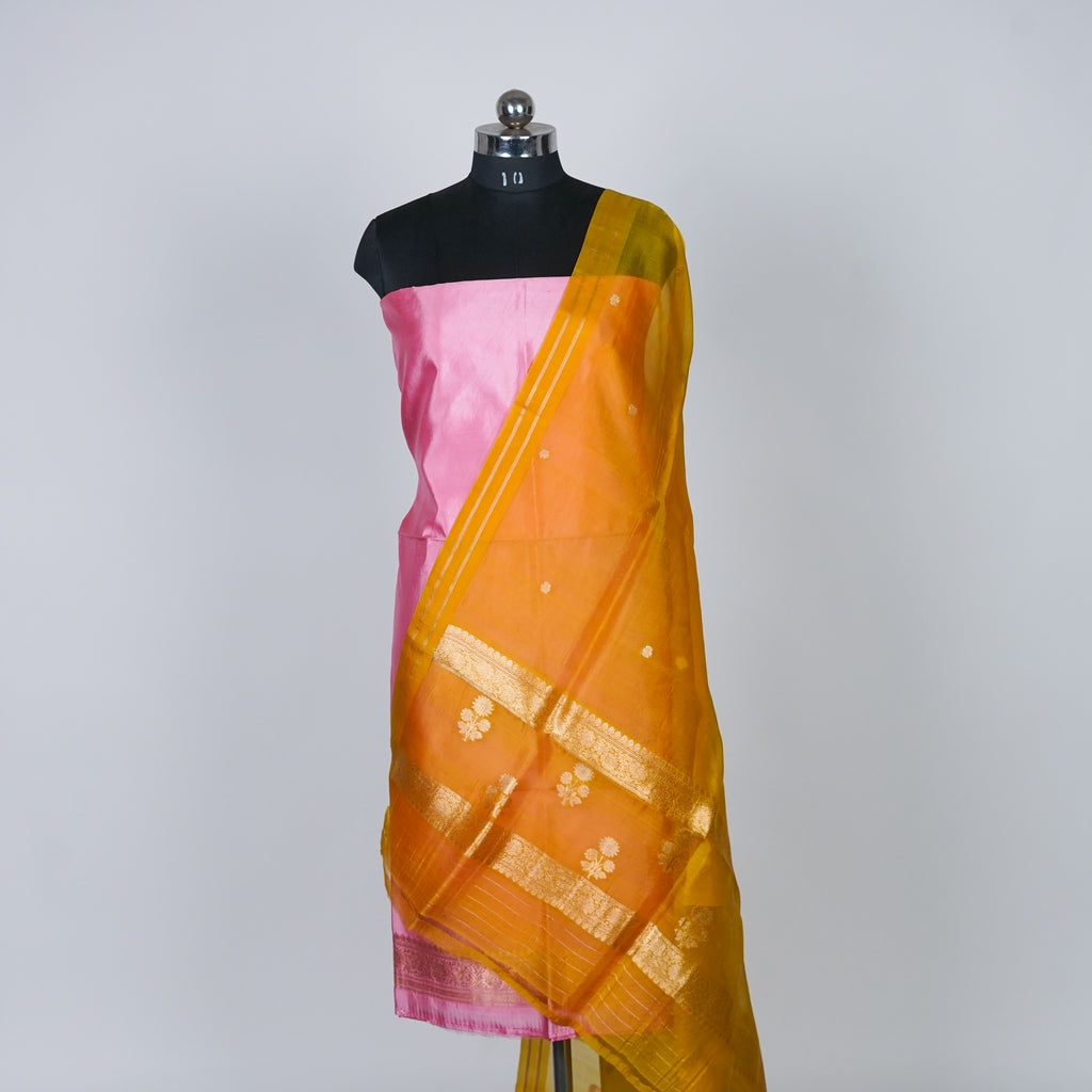 Pink Banarasi Handloom Luxury Suit set contrast with light Yellow color.