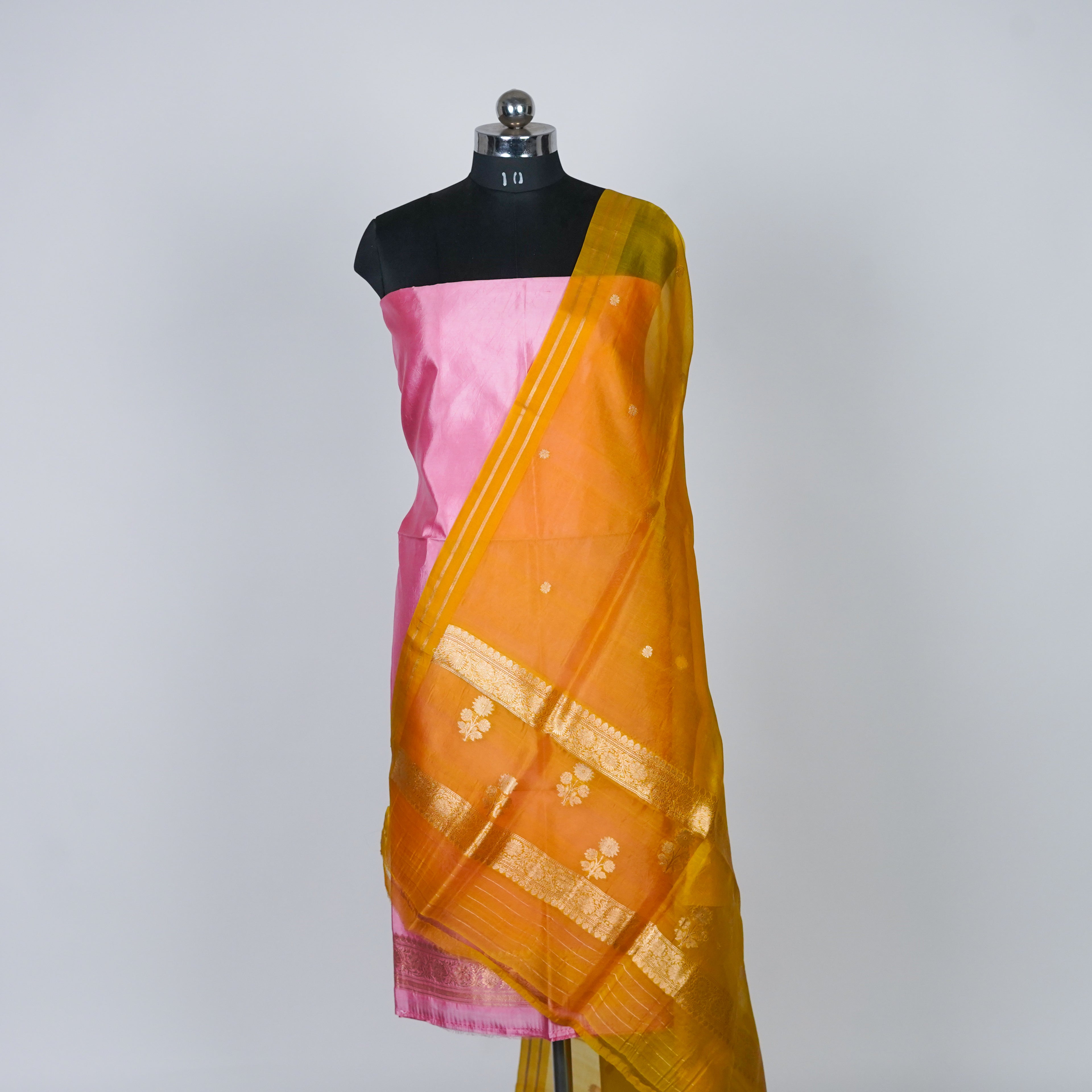 Pink Banarasi Handloom Luxury Suit set contrast with light Yellow color.