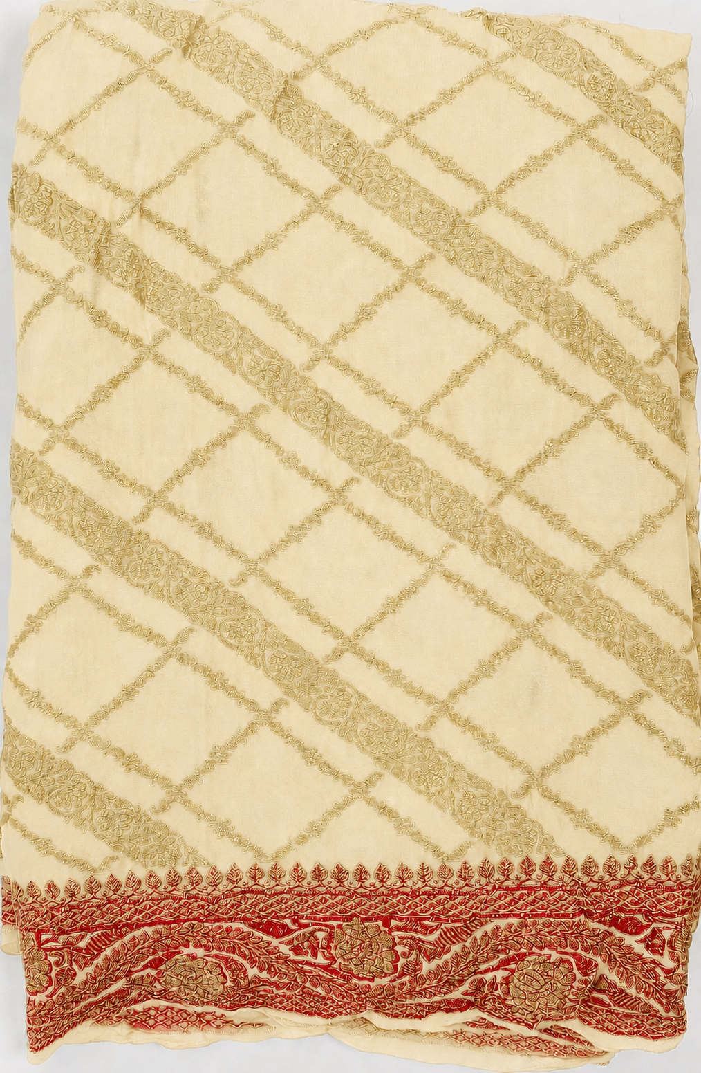 Ivory contrast with Classic Red- Pure Khaddi Chiffon Georgette Silk Banarasi Saree