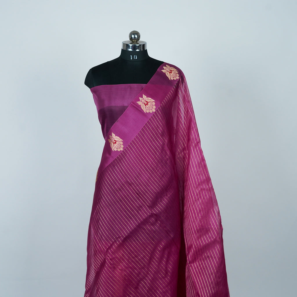 Hibiscus Pink - Pure Organza Banarasi Saree with Plain Stripe Pattern and Satin Border