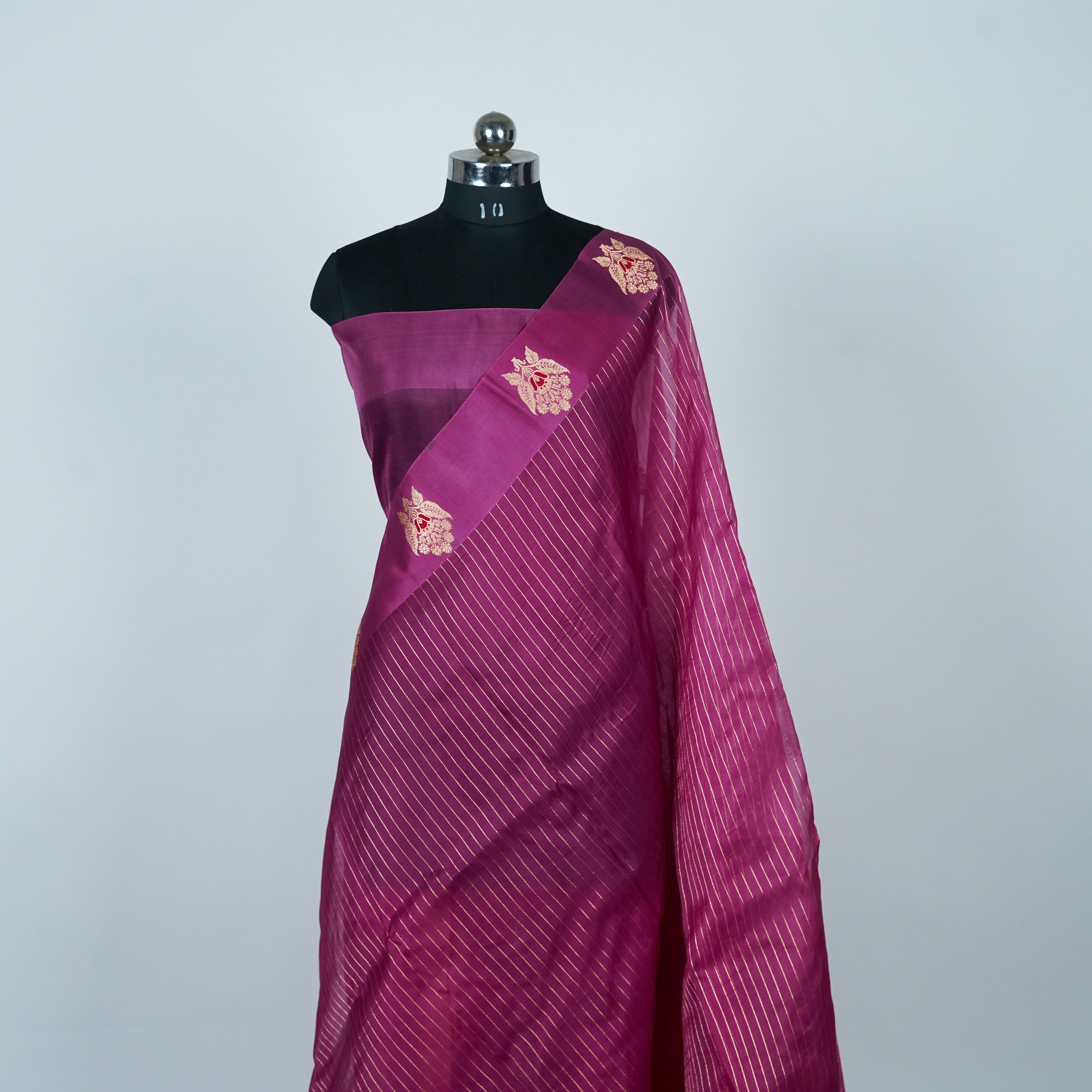 Hibiscus Pink - Pure Organza Banarasi Saree with Plain Stripe Pattern and Satin Border