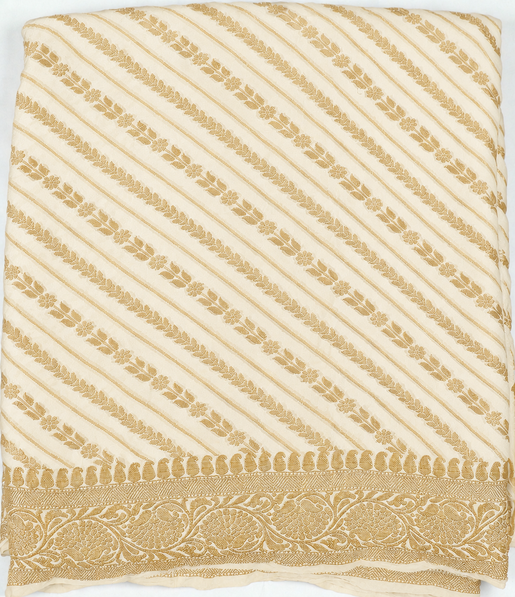 Off-White - Pure Khaddi Chiffon Georgette Silk Banarasi Saree