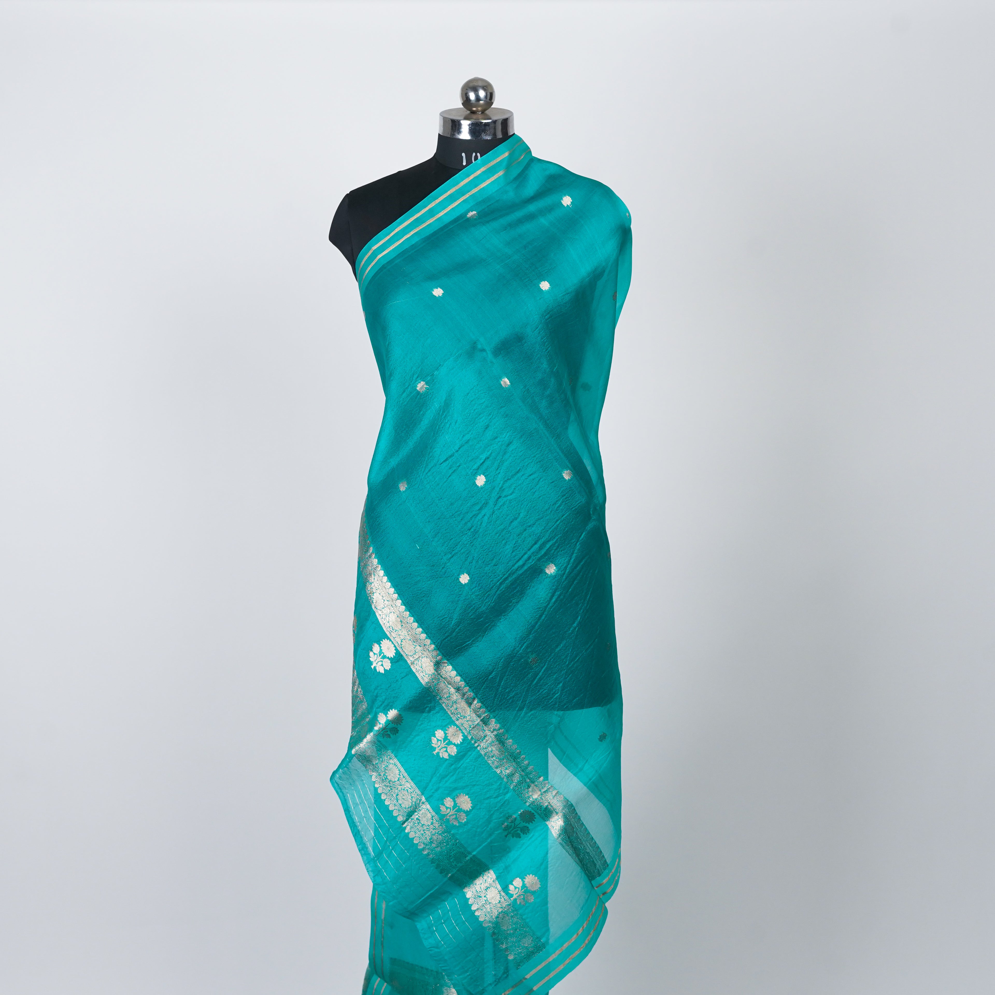 Aqua Teal Green - Pure Organza Banarasi Dupatta with small Booti designa