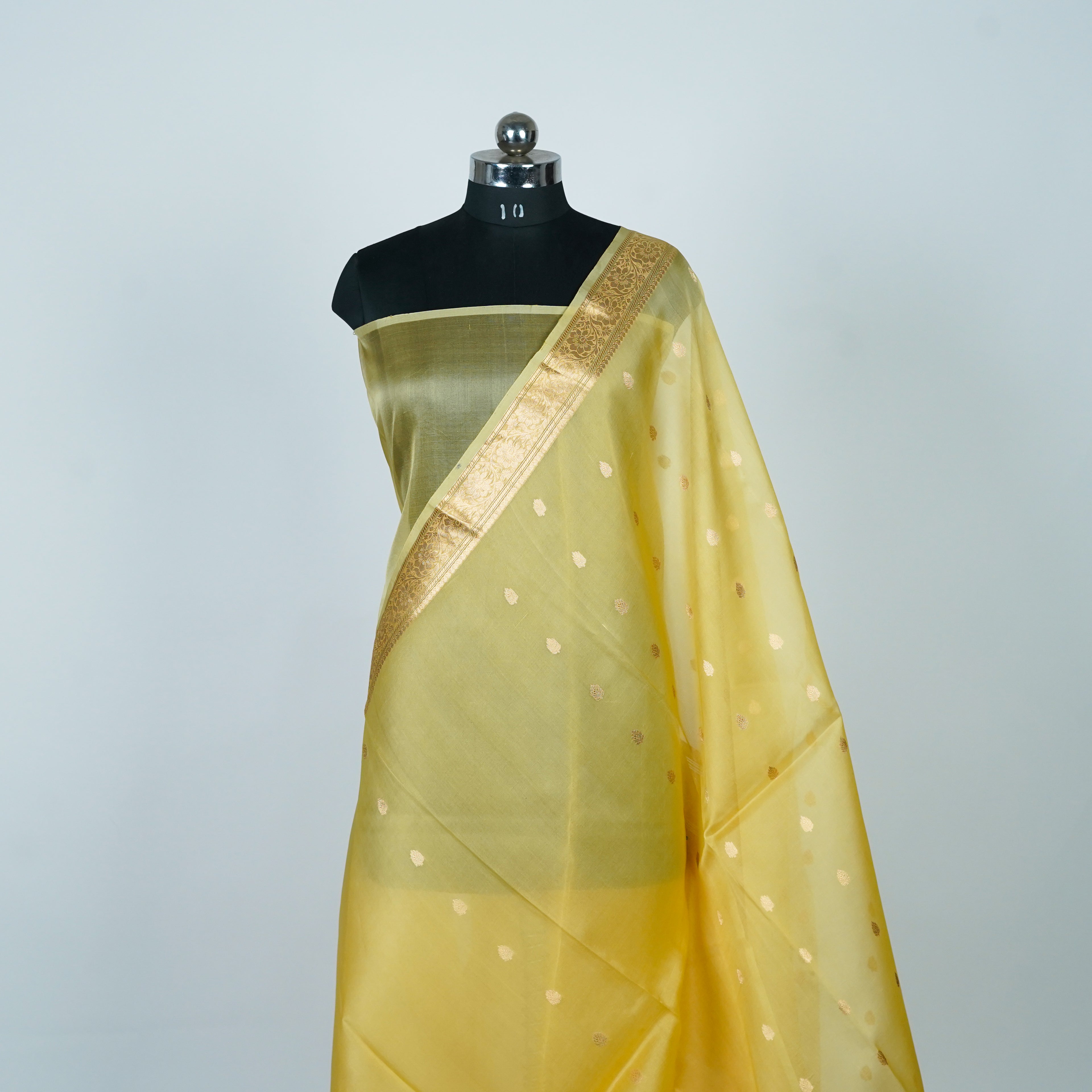 Golden Yellow - Pure Organza Banarasi Saree with light Golden Zari Booti