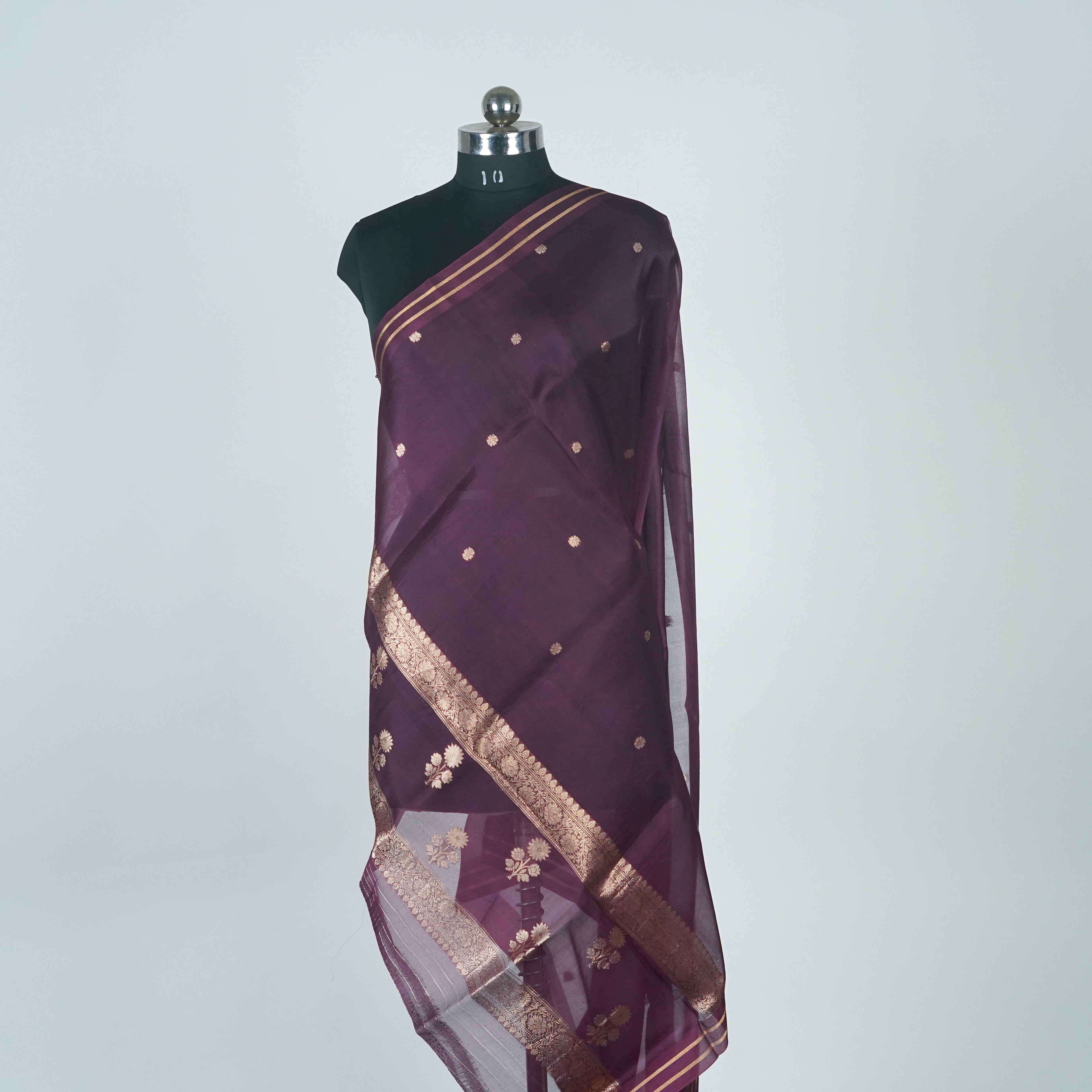 Wine - Pure soft Organza Silk Banarasi Dupatta with golden Booti design