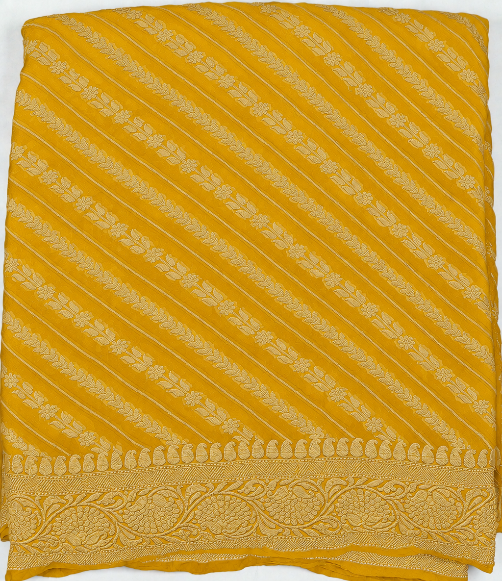 Mustard Yellow - Pure Khaddi Chiffon Georgette Silk Banarasi Saree