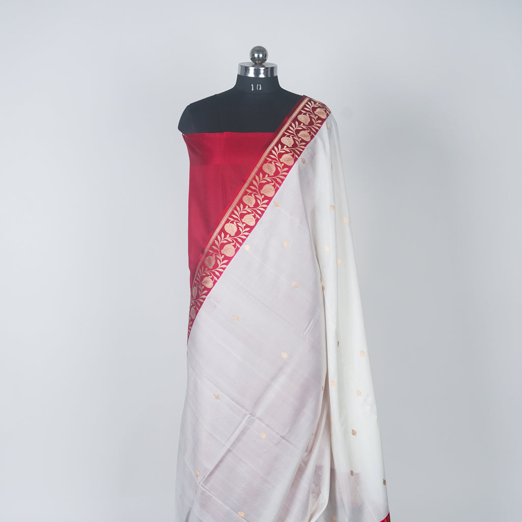 White Contrast with red border - Pure Katan Georgette Banarasi Saree with Satin Border and small golden zari booti