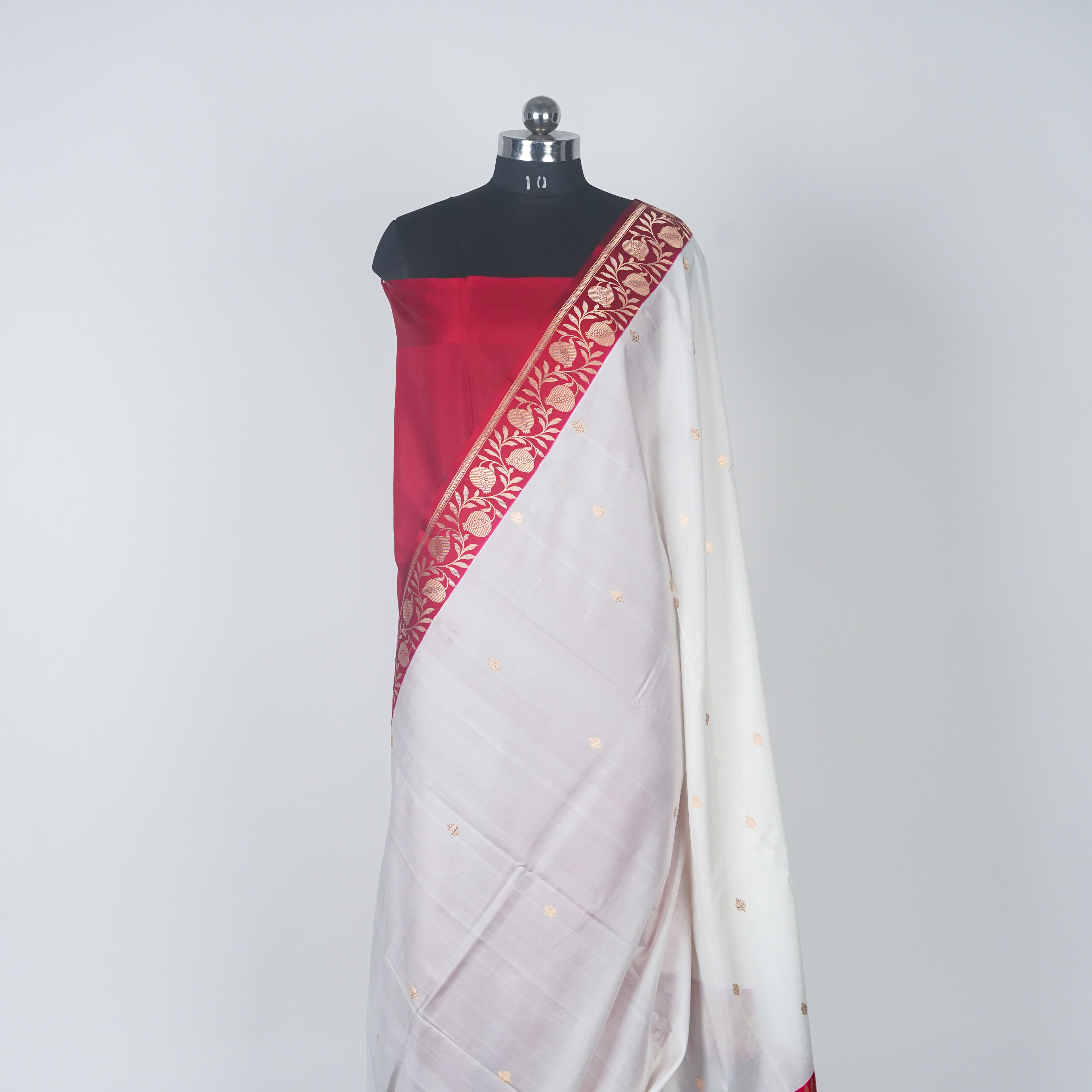 White Contrast with red border - Pure Katan Georgette Banarasi Saree with Satin Border and small golden zari booti
