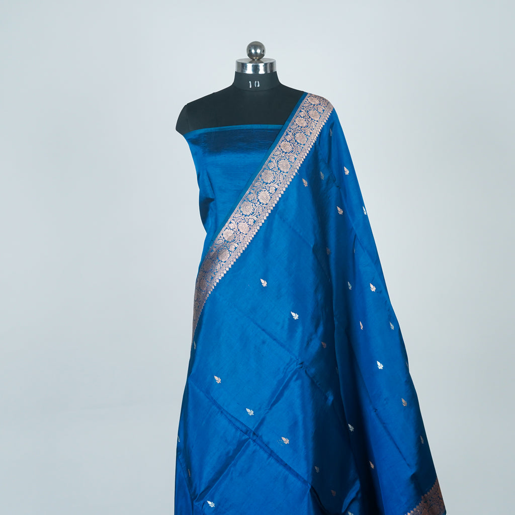 German Blue Contrast with lavender border - Pure Banarasi silk Saree with small golden and silver booti