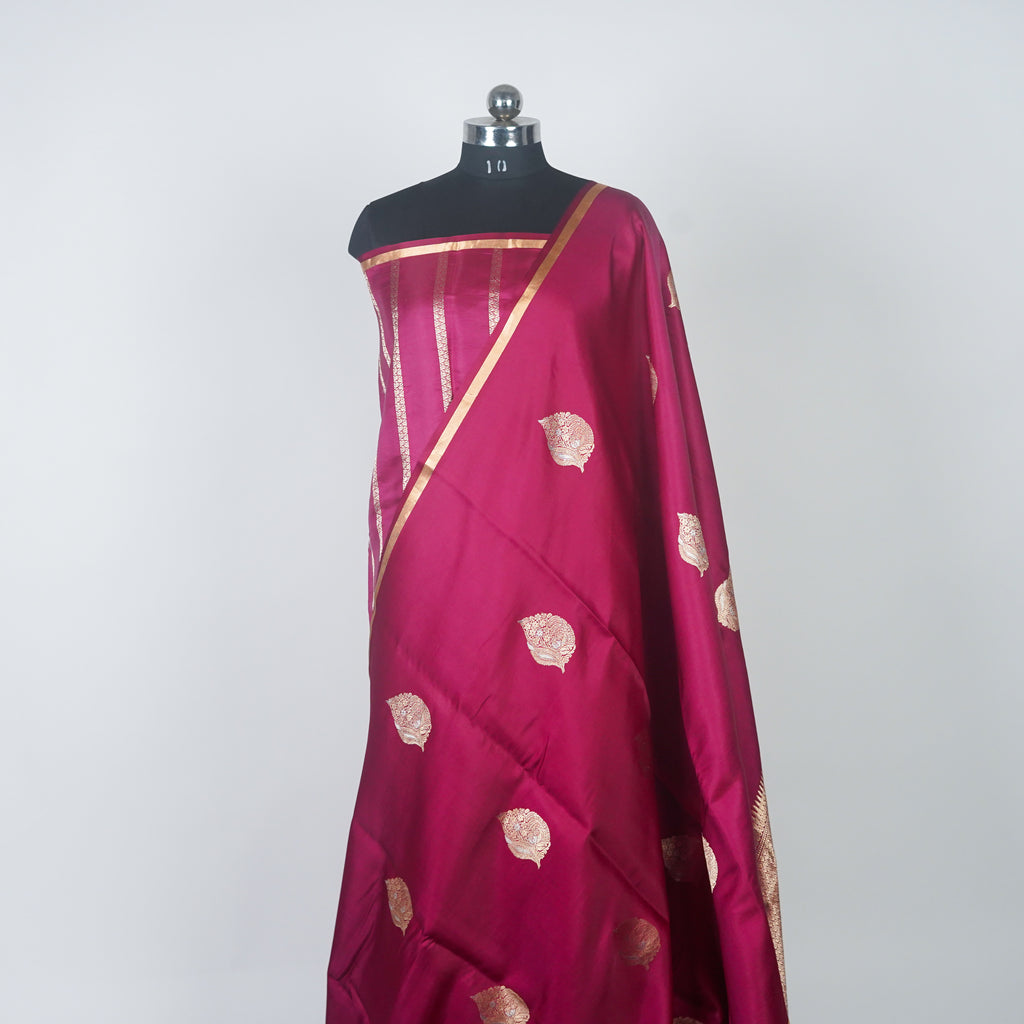 Boysenberry - Pure Soft Mashru Silk Banarasi Saree with Alfi Boota and Piping Zari Border