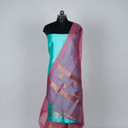 Teal Green Banarasi Handloom Luxury Suit set contrast with Pink color.