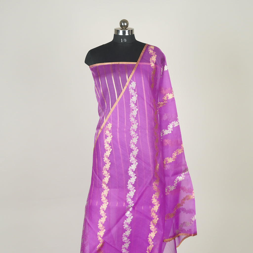 Purple - Pure Organza Banarasi Saree with Banarasi Half Laheria in gold and silver