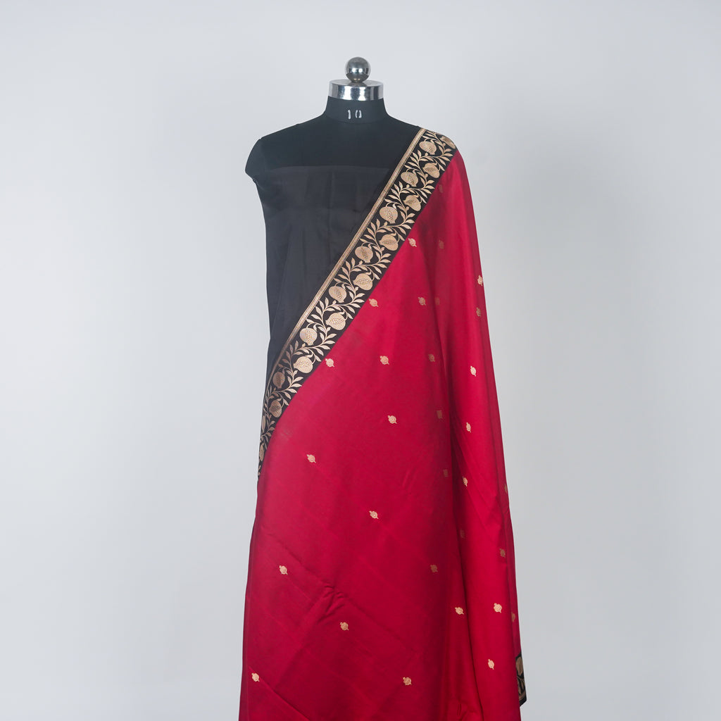 Black Contrast with maroon border - Pure Katan Georgette Banarasi Saree with Satin Border and small golden zari booti