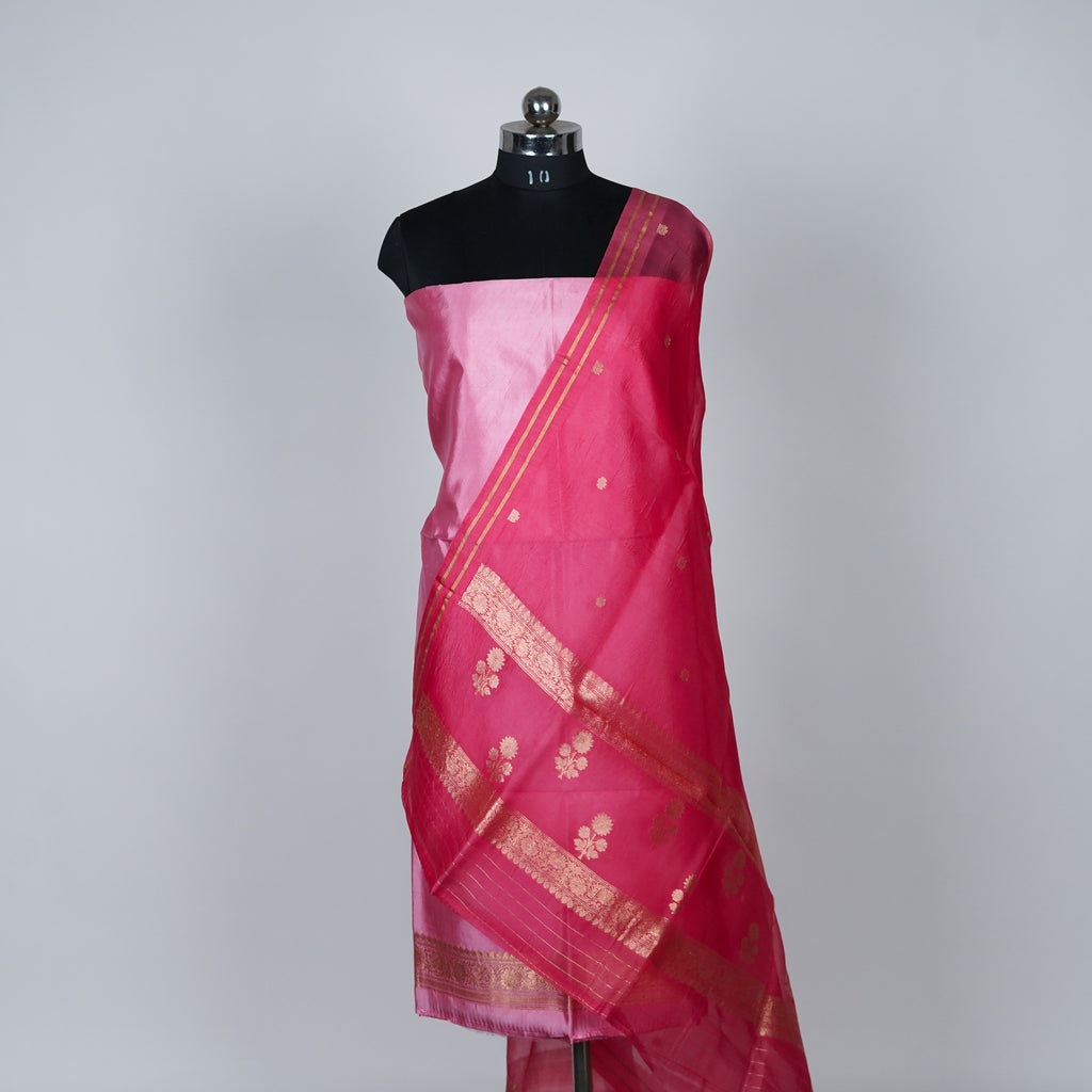 Pink Banarasi Handloom Luxury Suit set contrast with cherry pink color.