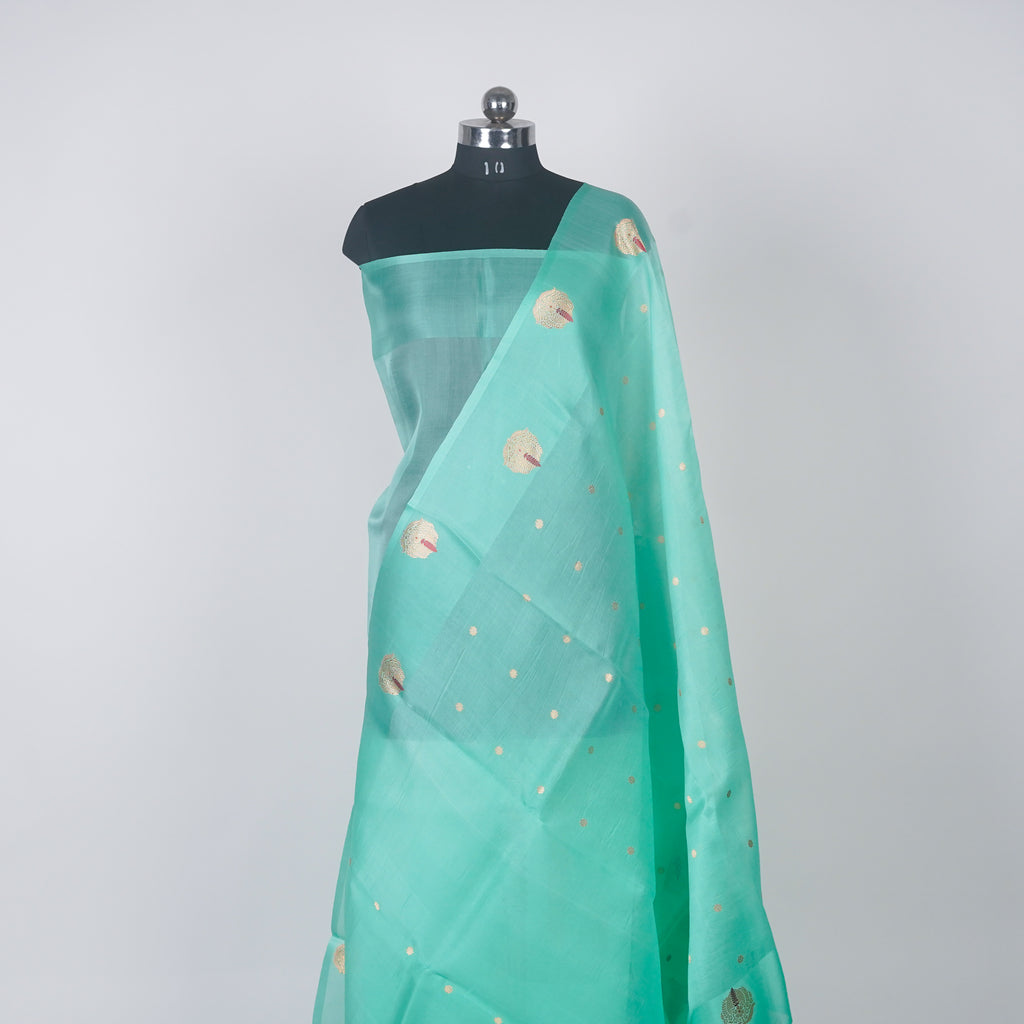 Sea Green - Pure Organza Banarasi Saree with Satin Border containing Alfi Golden Boota