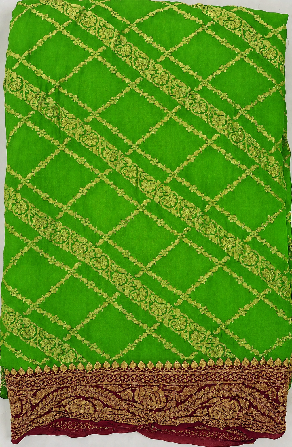 Parrot Green contrast with Wine - Pure Khaddi Chiffon Georgette Silk Banarasi Saree