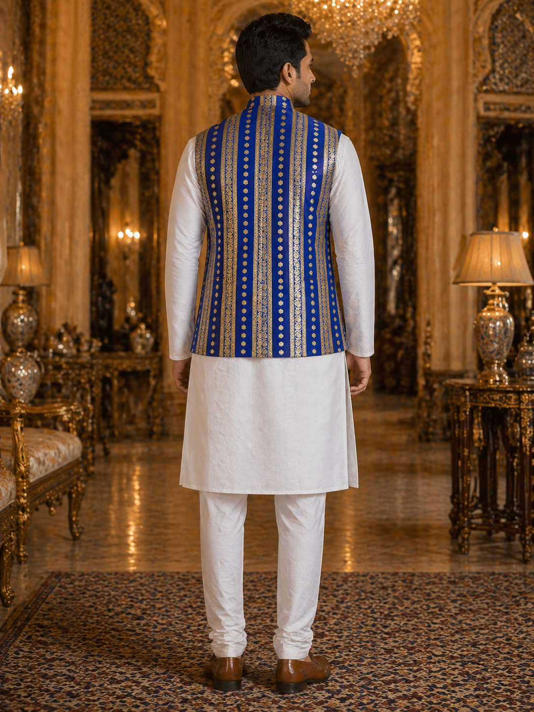 Multicolor Striped - Men's Silk Blend Sleeveless Striped Design Nehru Jacket