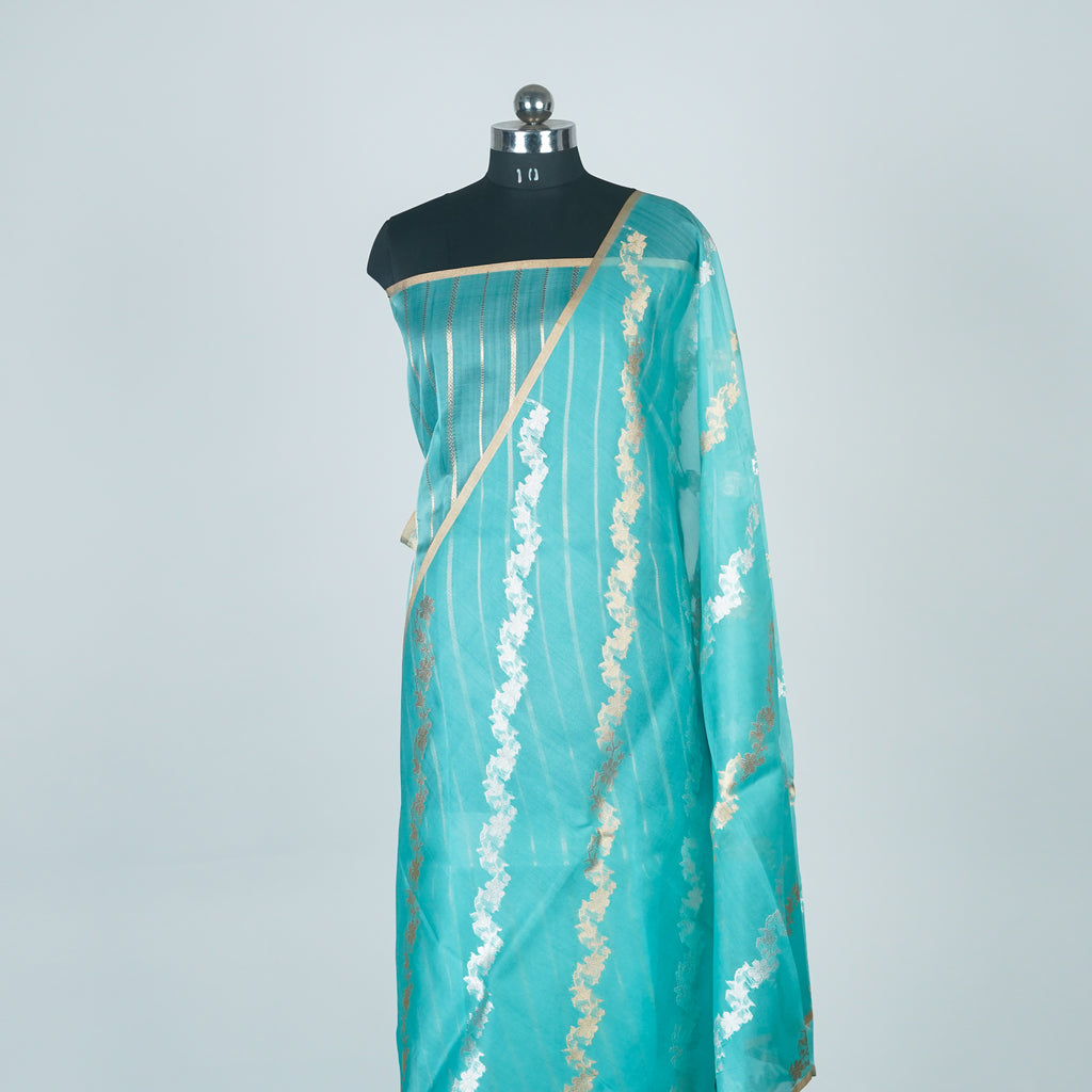 Sky Blue - Pure Organza Banarasi Saree with Banarasi Half Laheria in gold and silver