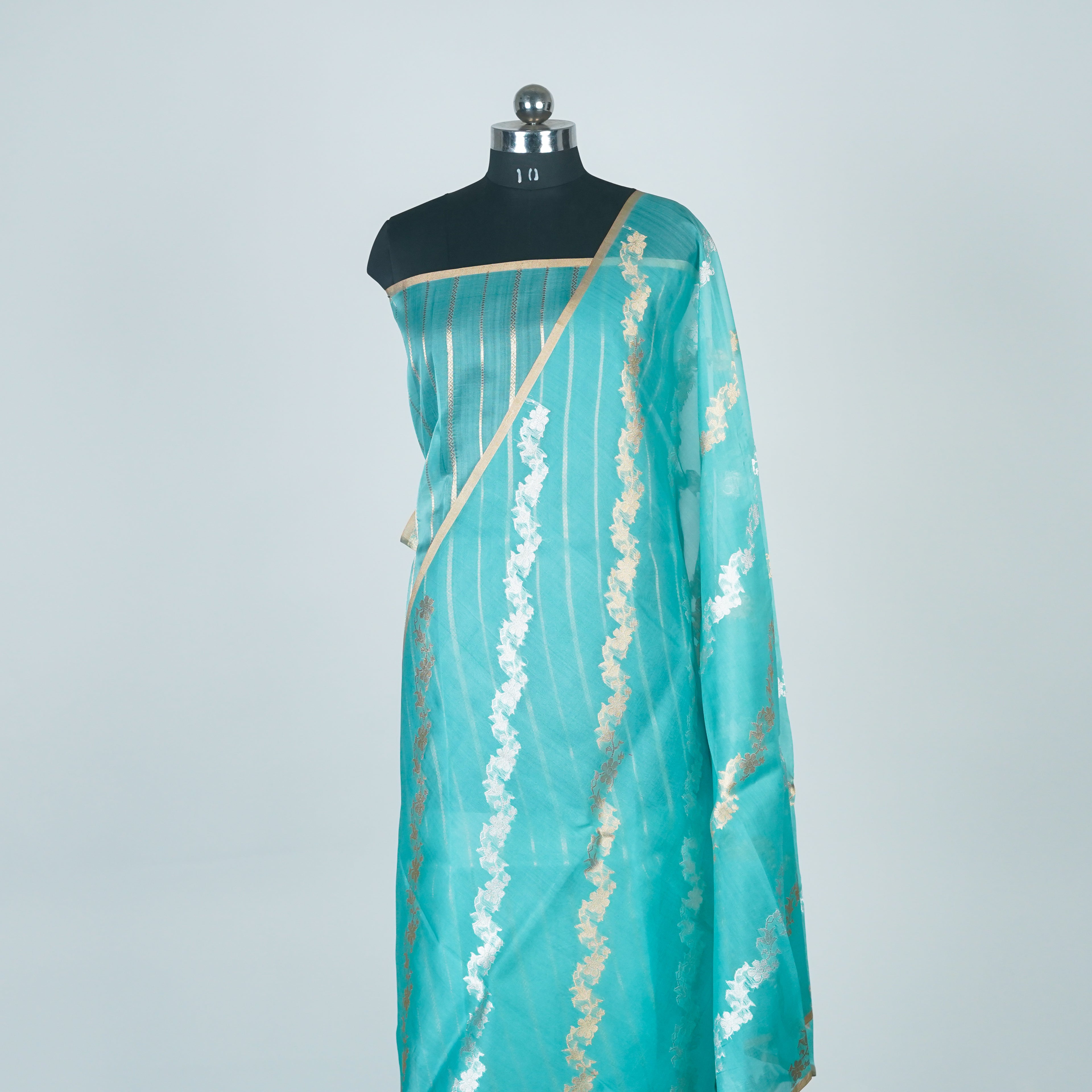 Sky Blue - Pure Organza Banarasi Saree with Banarasi Half Laheria in gold and silver