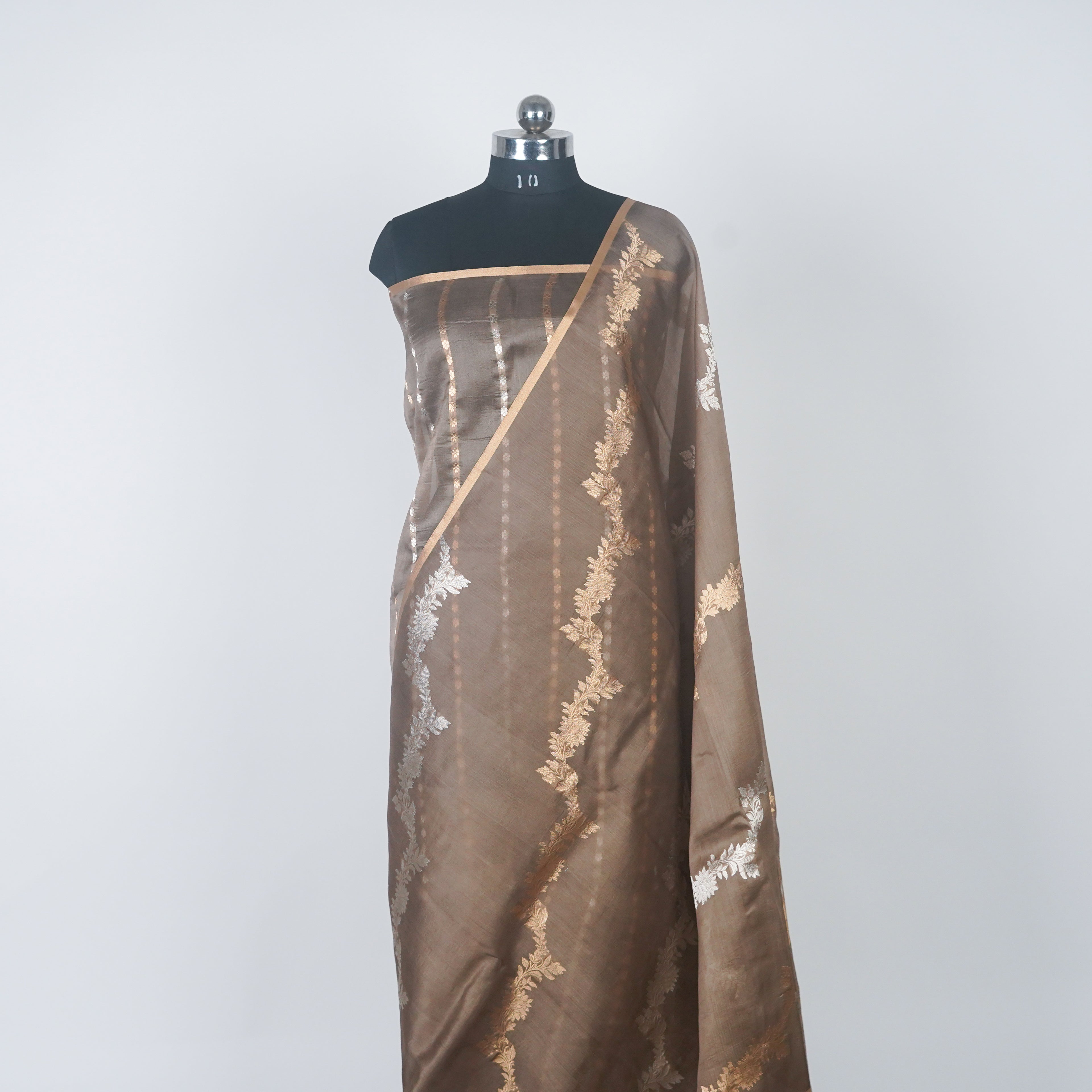 Dark Taupe - Pure Organza Banarasi Saree with Banarasi Half Laheria in gold and silver