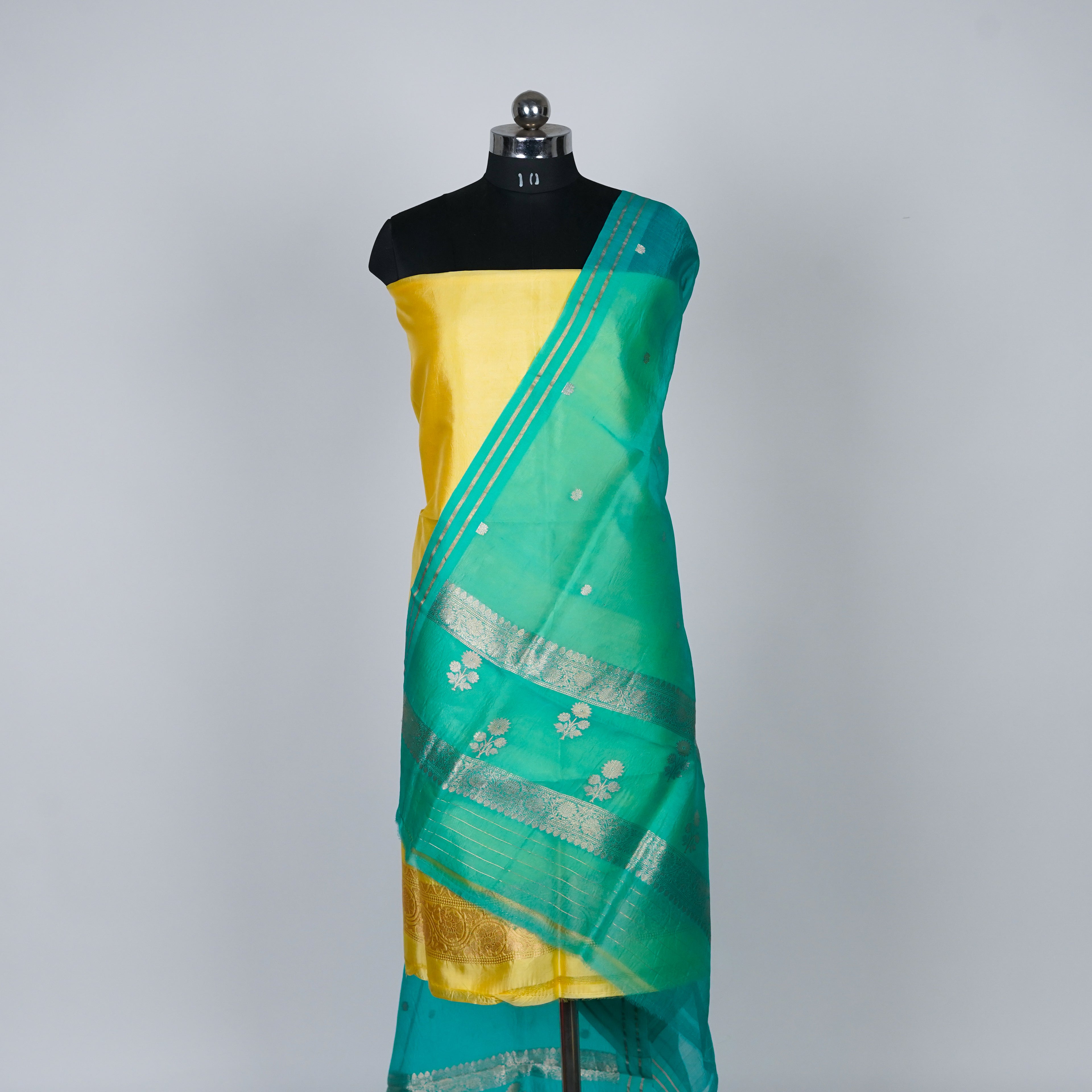 Yellow Banarasi Handloom Luxury Suit set contrast with Aqua Teal Green color.