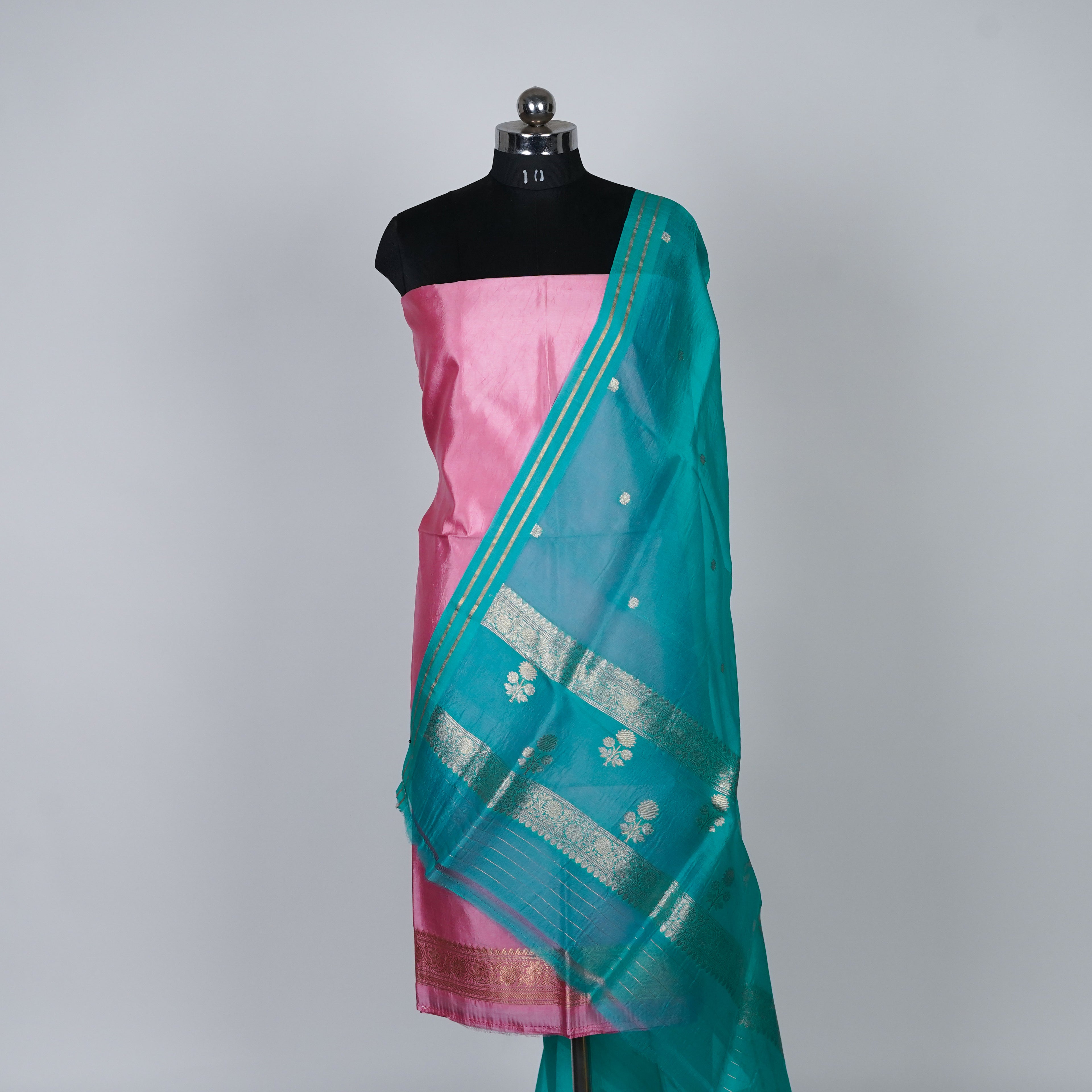 Pink Banarasi Handloom Luxury Suit set contrast with teal green color.