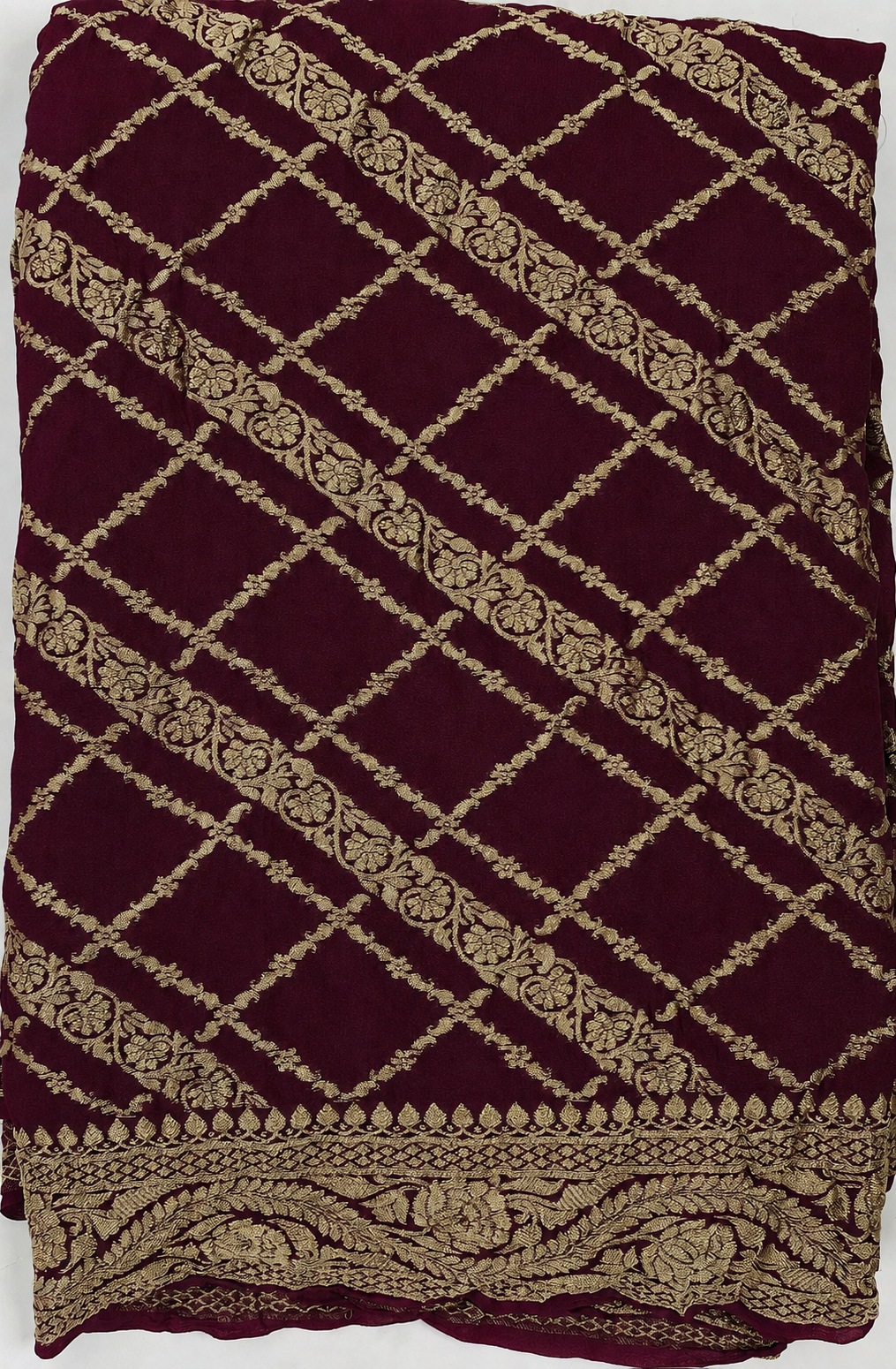 Wine - Pure Khaddi Chiffon Georgette Silk Banarasi Saree