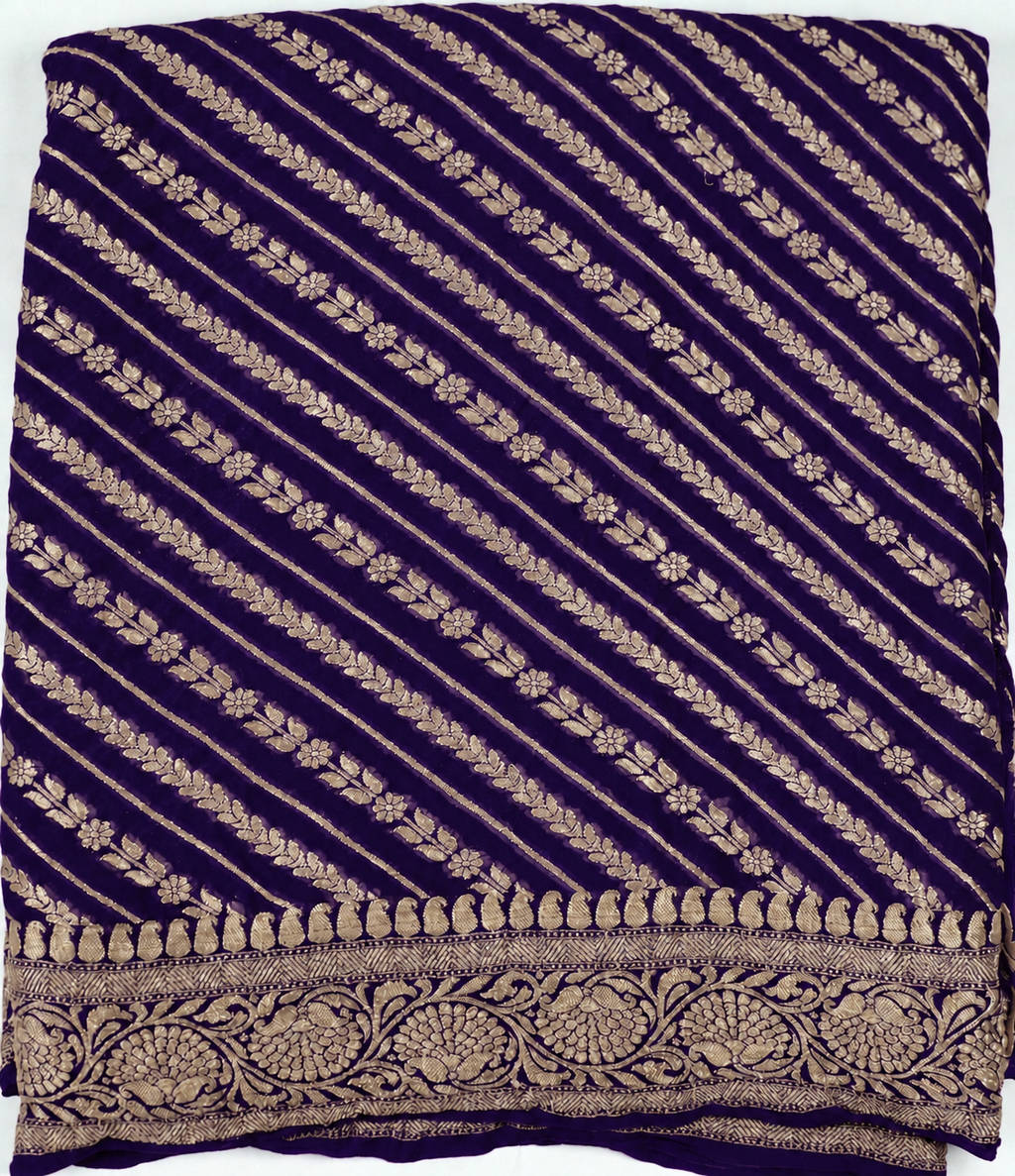 Navy Blue - Pure Khaddi Chiffon Georgette Silk Banarasi Saree