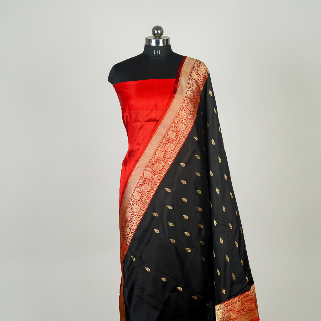 Black contrast with Red - Pure Soft premium Katan Silk Banarasi Saree with Alfi small Booti and contrast Satin Border