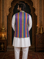 Multicolor Striped - Men's Silk Blend Sleeveless Striped Design Nehru Jacket