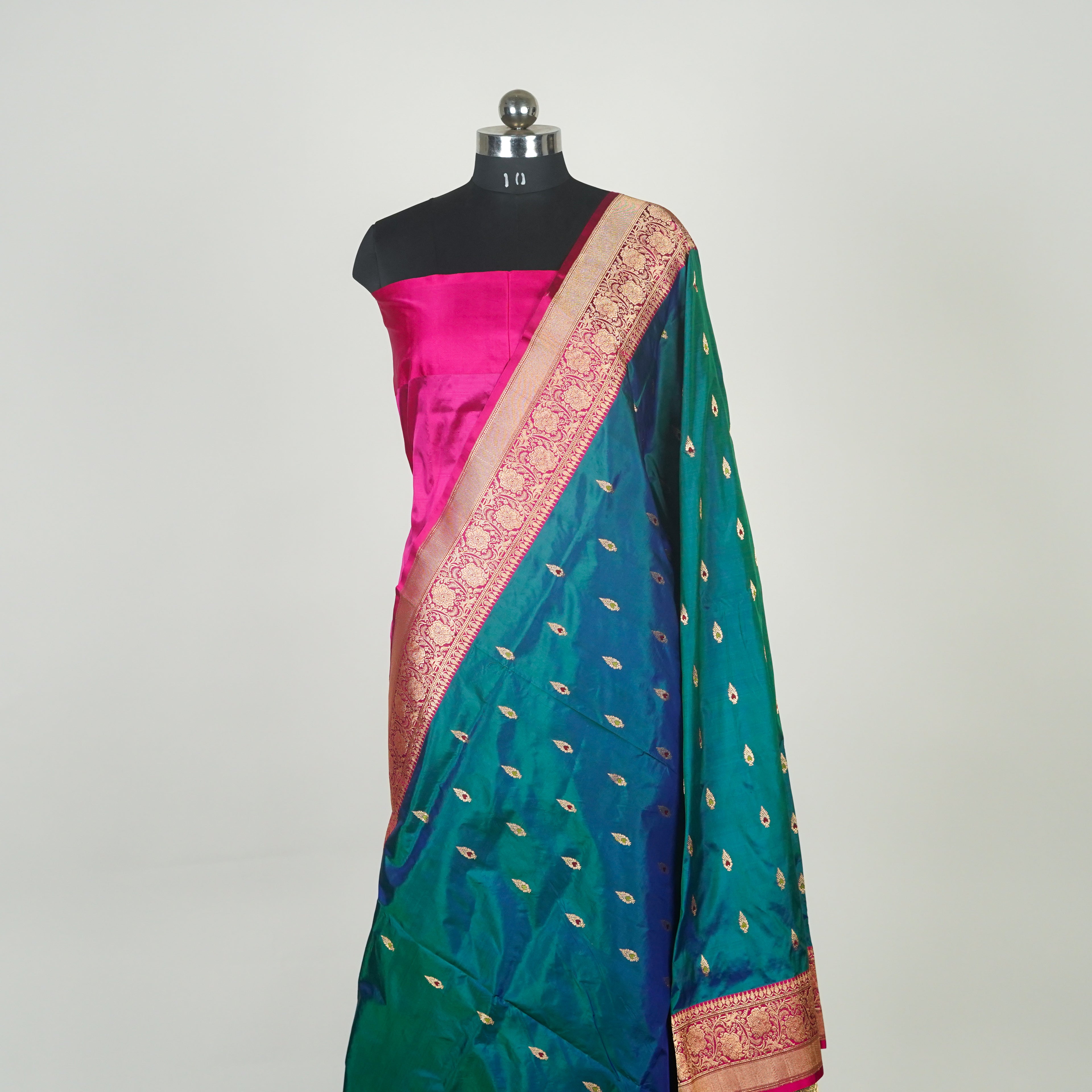 German Blue contrast with Pink - Pure Soft premium Katan Silk Banarasi Saree with Alfi small Booti and contrast Satin Border