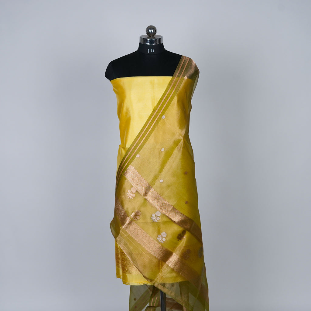 Yellow Banarasi Handloom Luxury Suit set contrast with deep dhani color.
