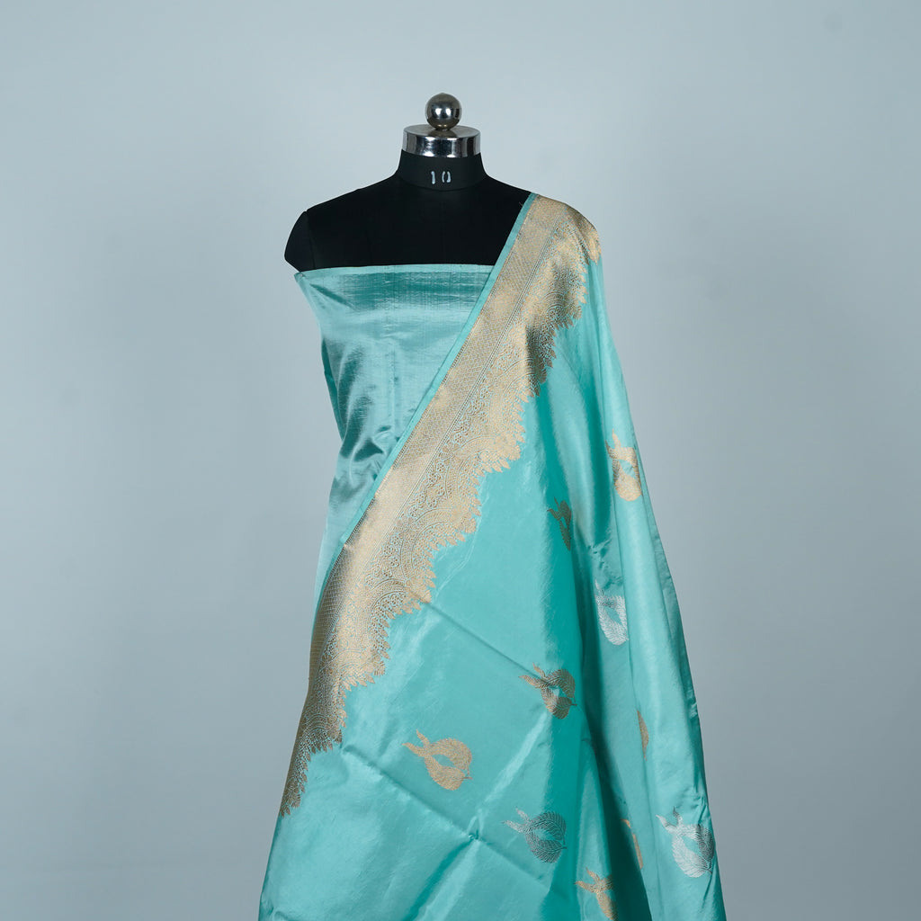 Light Sky Blue Pure Silk Banarasi Saree with attractive Golden and silver boota design
