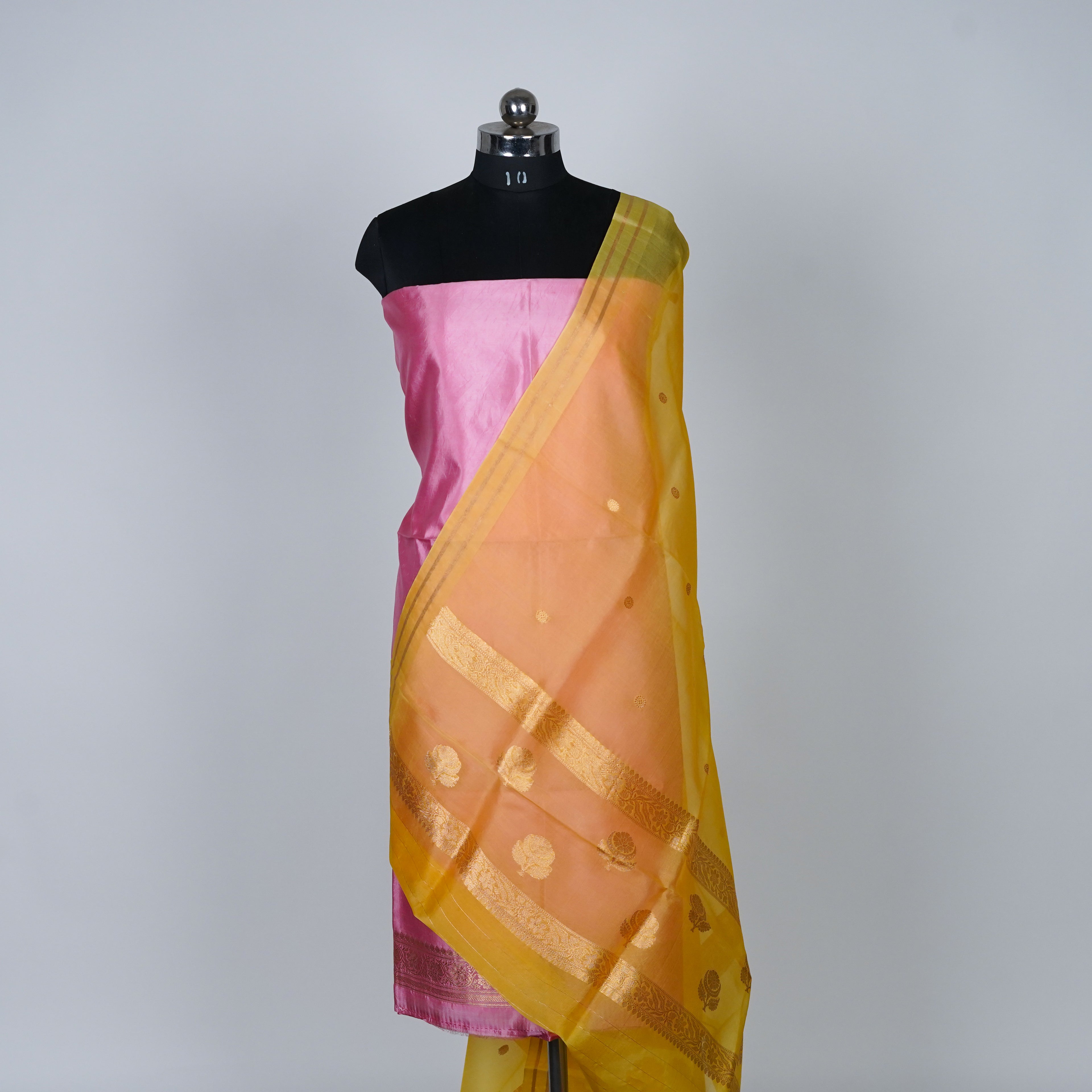 Pink Banarasi Handloom Luxury Suit set contrast with light Lemon Yellow color.