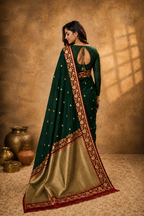 Deep Green contrast with Red  - Pure Raw Mango Banarasi Saree
