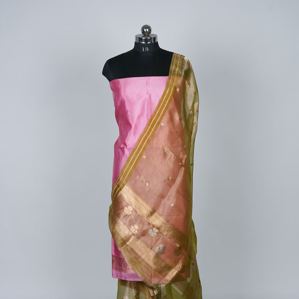 Pink Banarasi Handloom Luxury Suit set contrast with Dhani Green color.