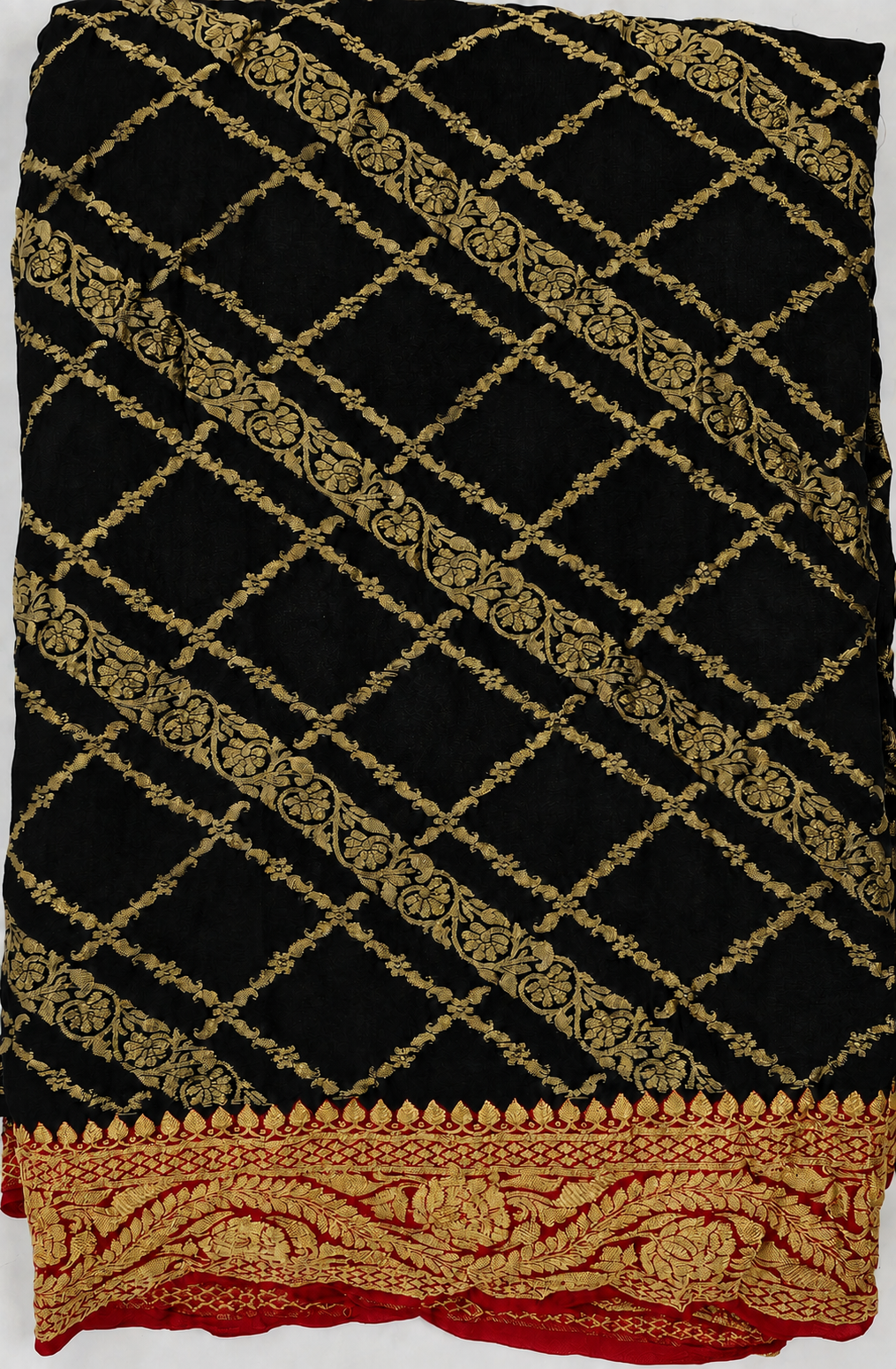 Black contrast with Classic Red - Pure Khaddi Chiffon Georgette Silk Banarasi Saree (Copy)