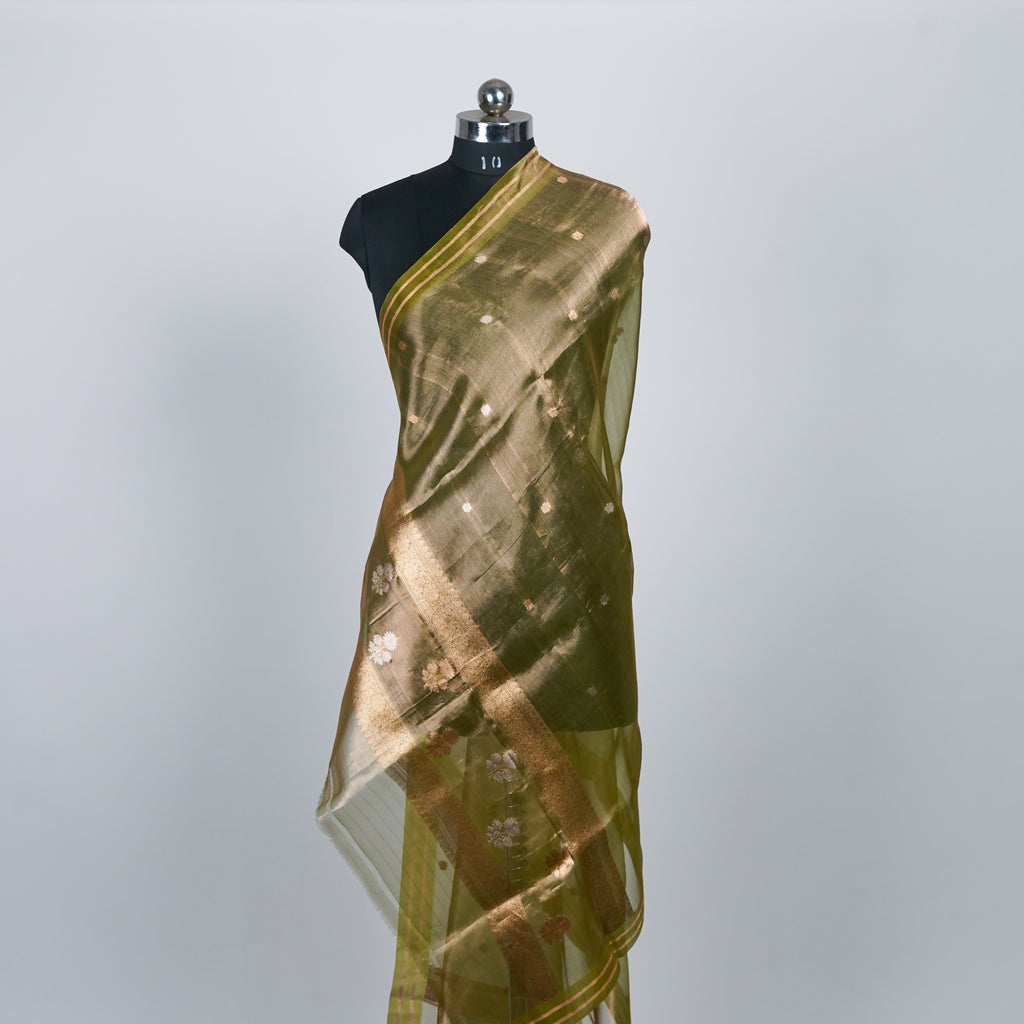 Deep Dhani Green - Pure Organza Banarasi Dupatta with small Booti design
