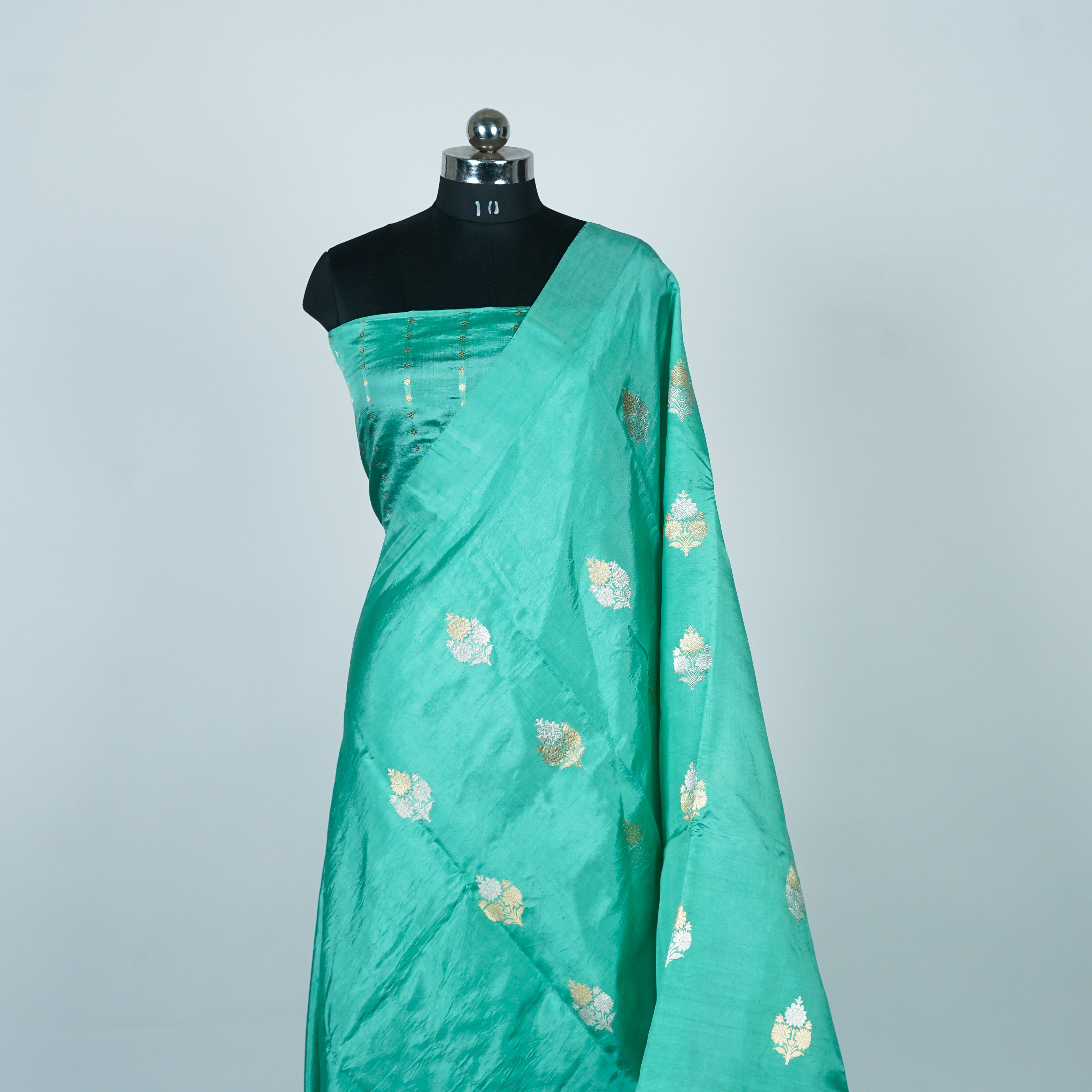 Sea Green - Pure Raw Mango Banarasi Saree with Silver Zari and Skirt Border Design