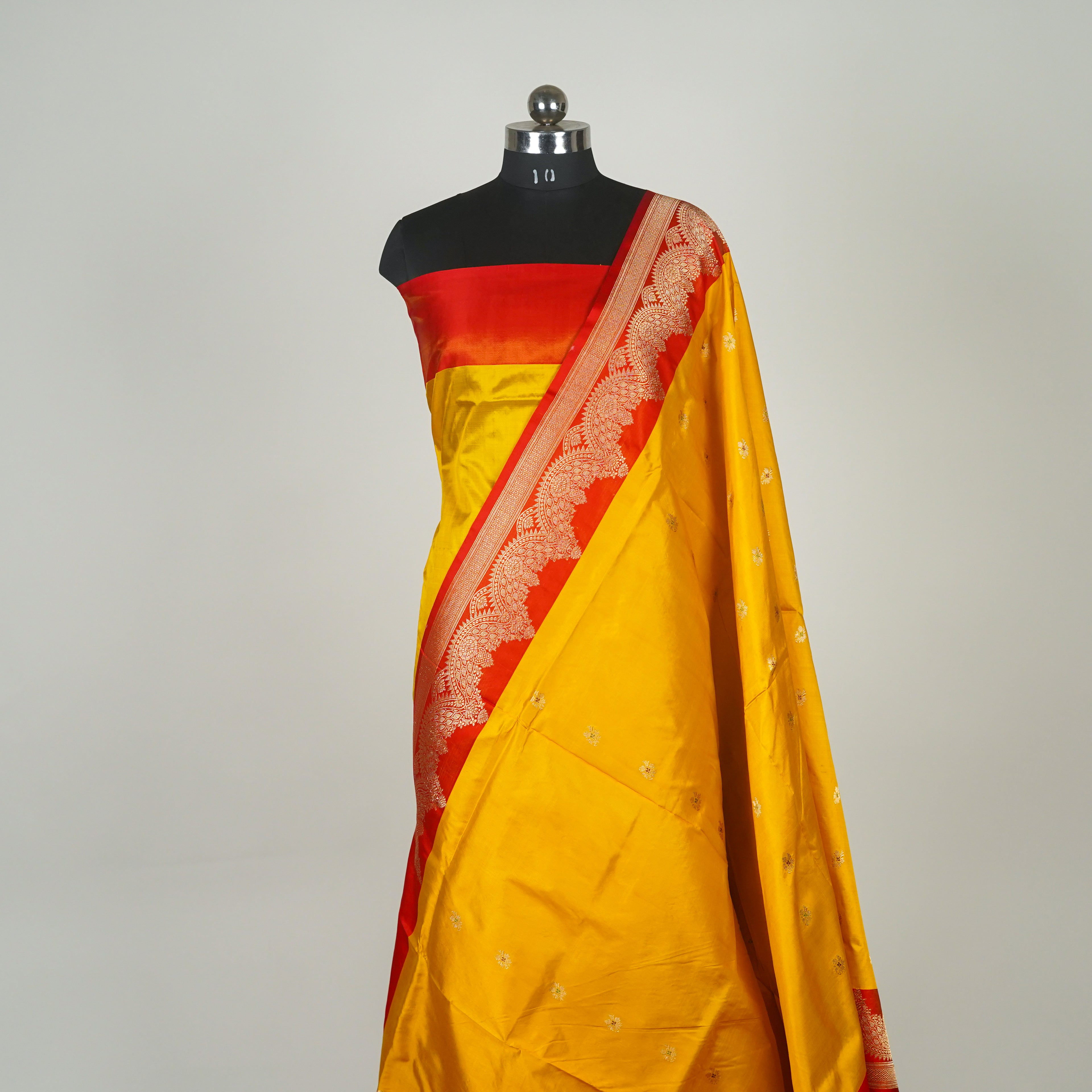 Yellow contrast with Red - Pure Soft premium Katan Silk Banarasi Saree with Alfi small Booti and contrast Satin Border