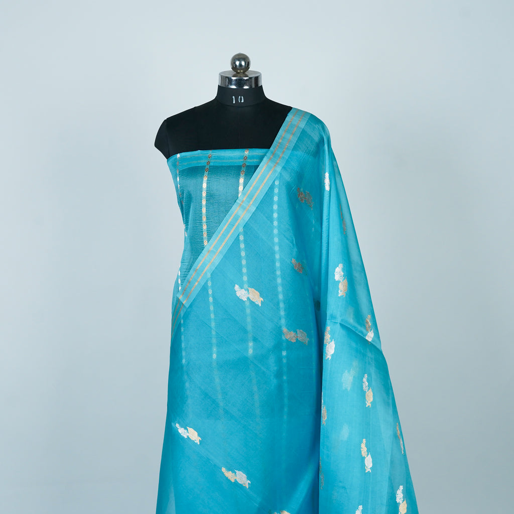 Sky Blue - Pure Organza Banarasi Saree with light Golden silver Zari Booti