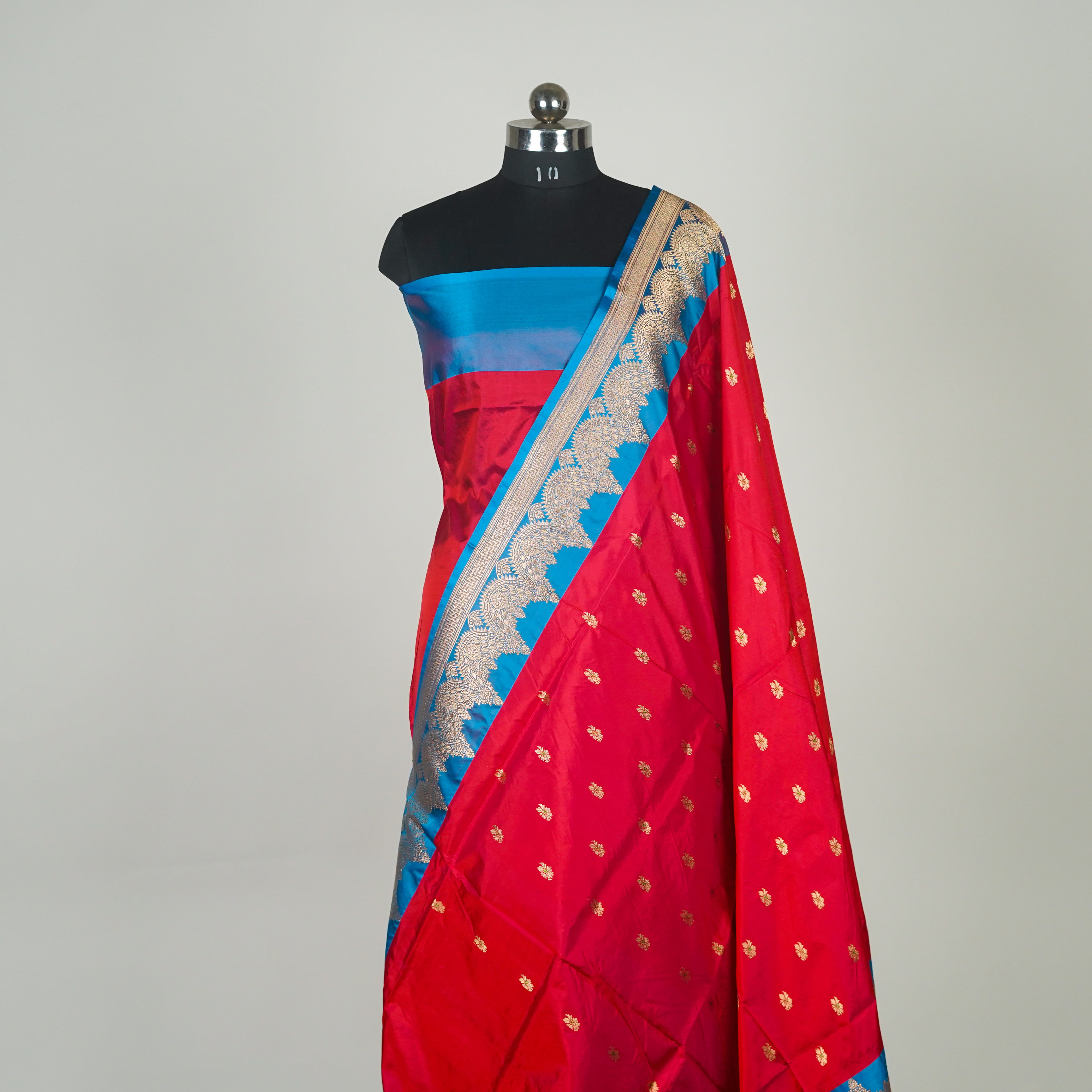 Red contrast with Blue - Pure Soft premium Katan Silk Banarasi Saree with Alfi small Booti and contrast Satin Border